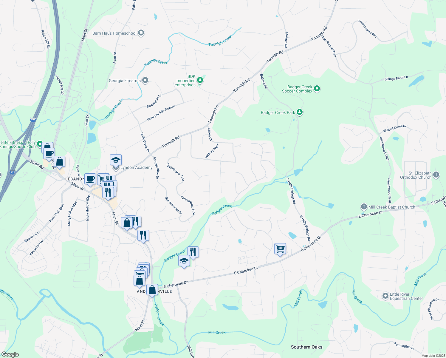 map of restaurants, bars, coffee shops, grocery stores, and more near 1094 Ashlin Drive in Woodstock