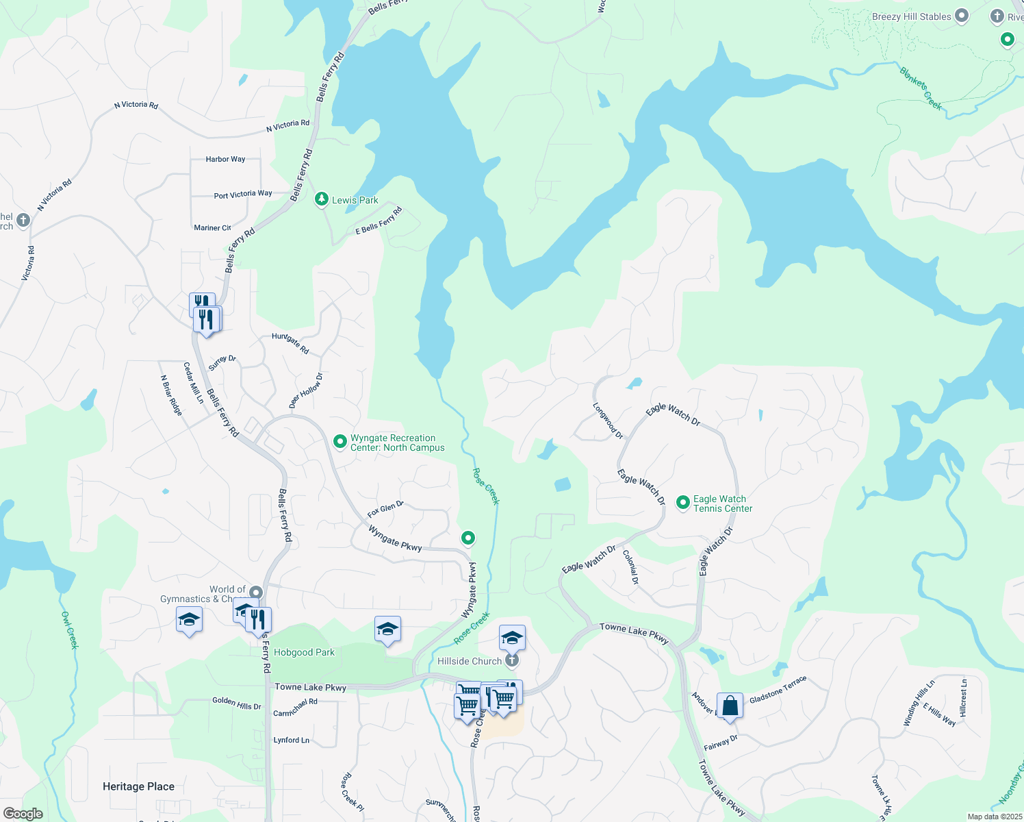map of restaurants, bars, coffee shops, grocery stores, and more near 1514 Maplewood Court in Woodstock