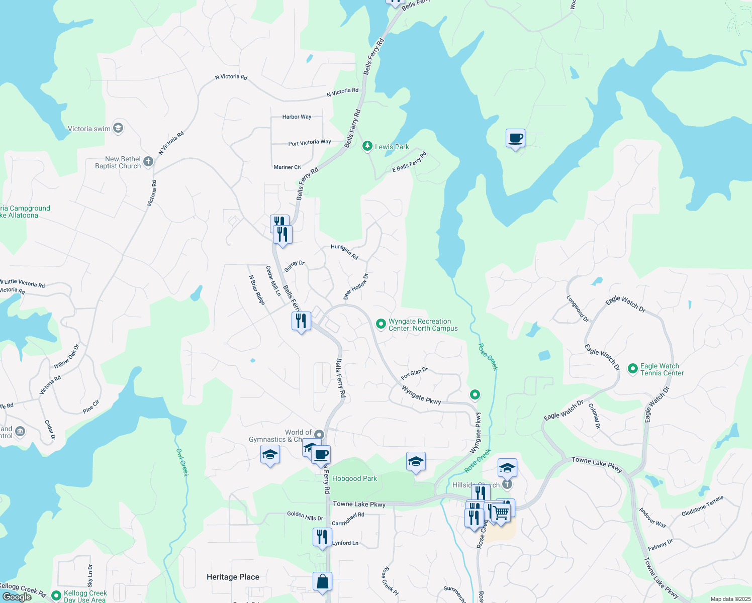 map of restaurants, bars, coffee shops, grocery stores, and more near 5108 Staplehurst Lane in Woodstock