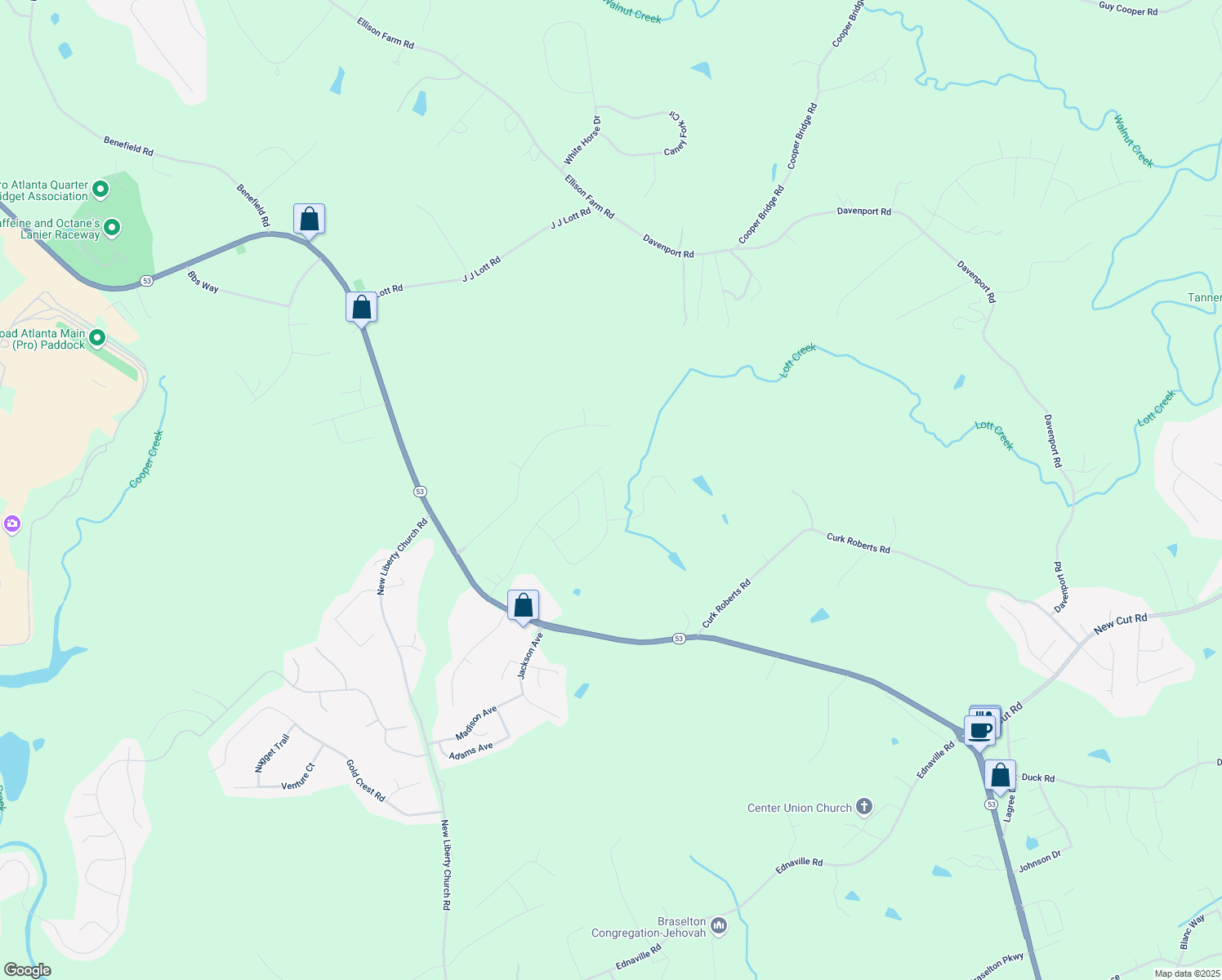 map of restaurants, bars, coffee shops, grocery stores, and more near 1438 Sunny Valley Lane in Braselton
