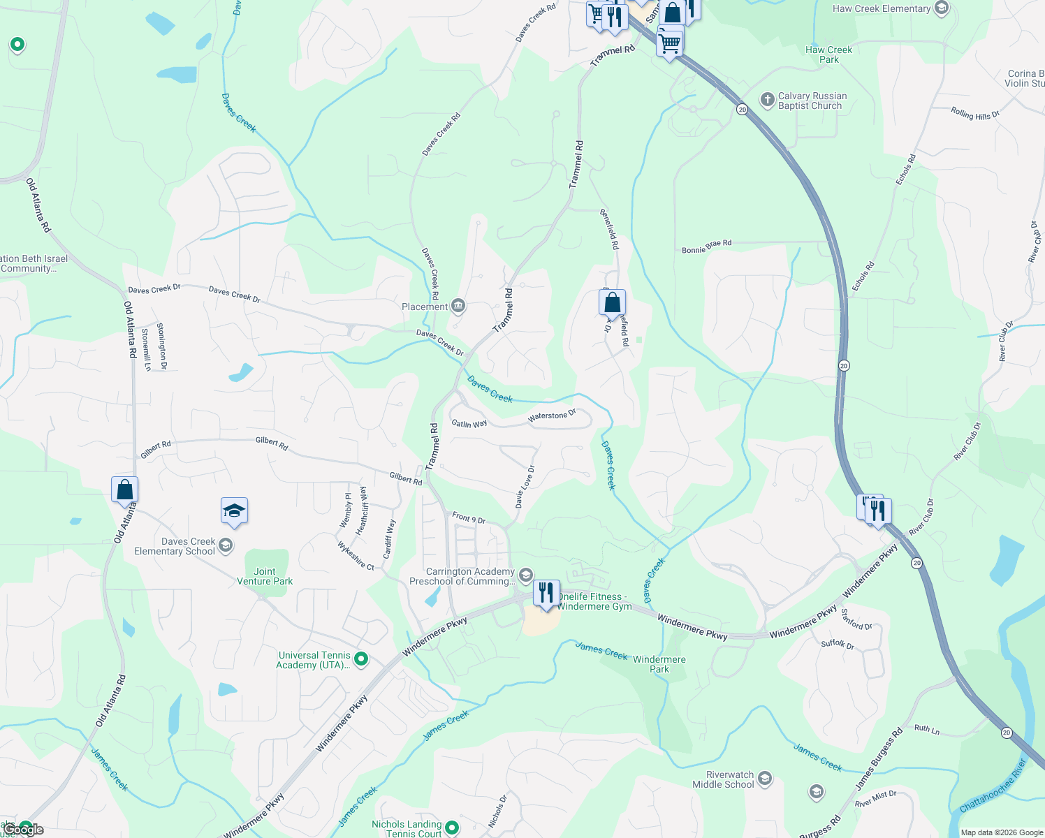map of restaurants, bars, coffee shops, grocery stores, and more near 2825 Waterstone Drive in Cumming