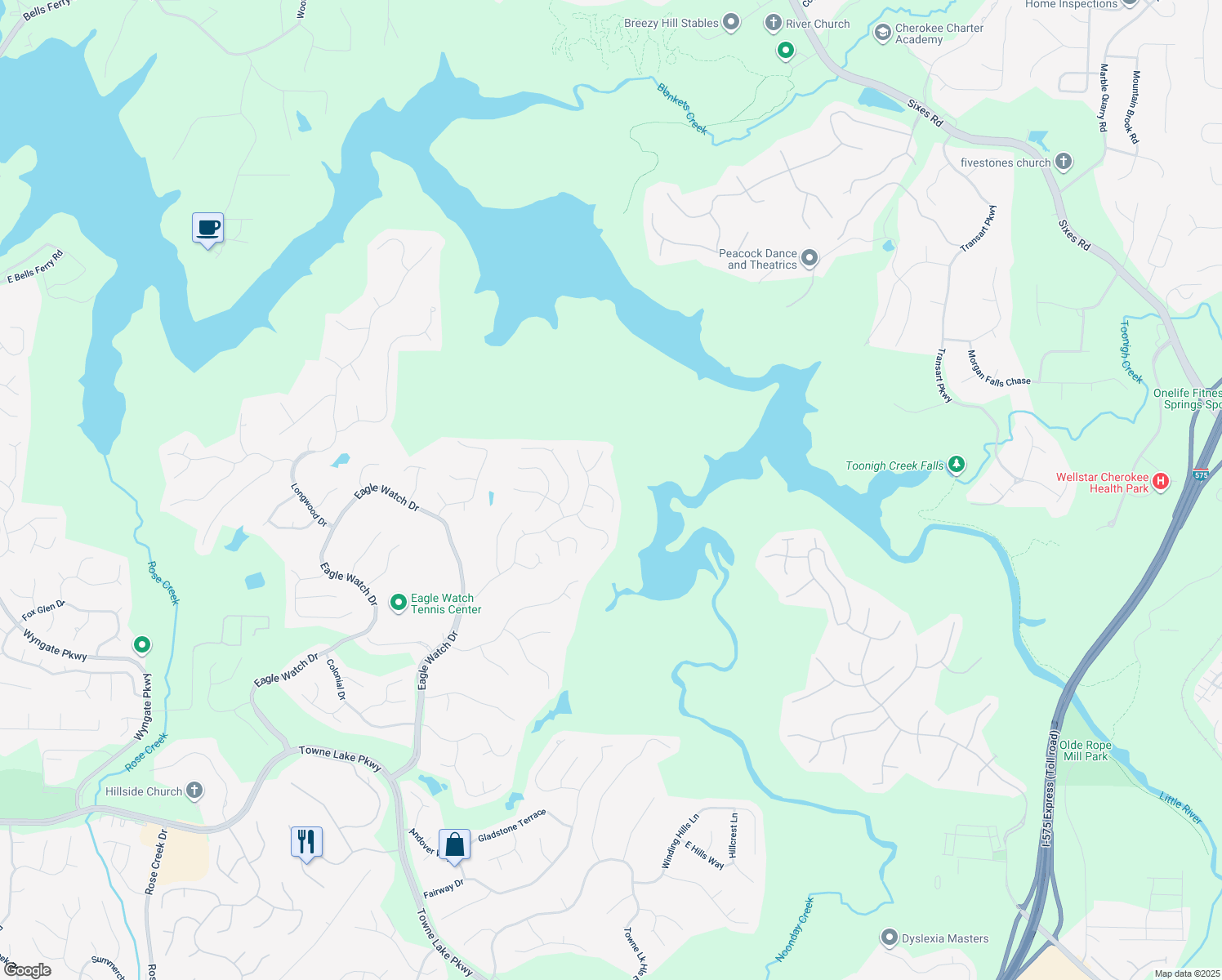 map of restaurants, bars, coffee shops, grocery stores, and more near 1209 Fern Hollow Drive in Woodstock