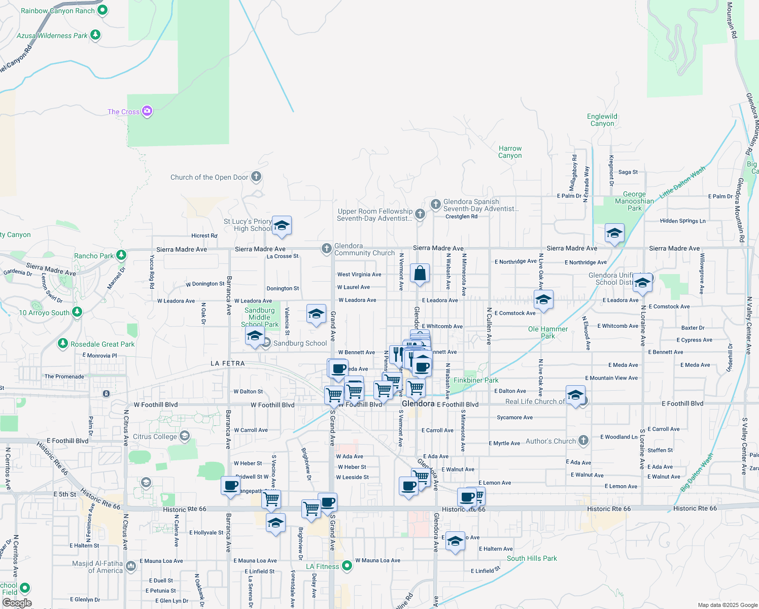 map of restaurants, bars, coffee shops, grocery stores, and more near 314 West Leadora Avenue in Glendora