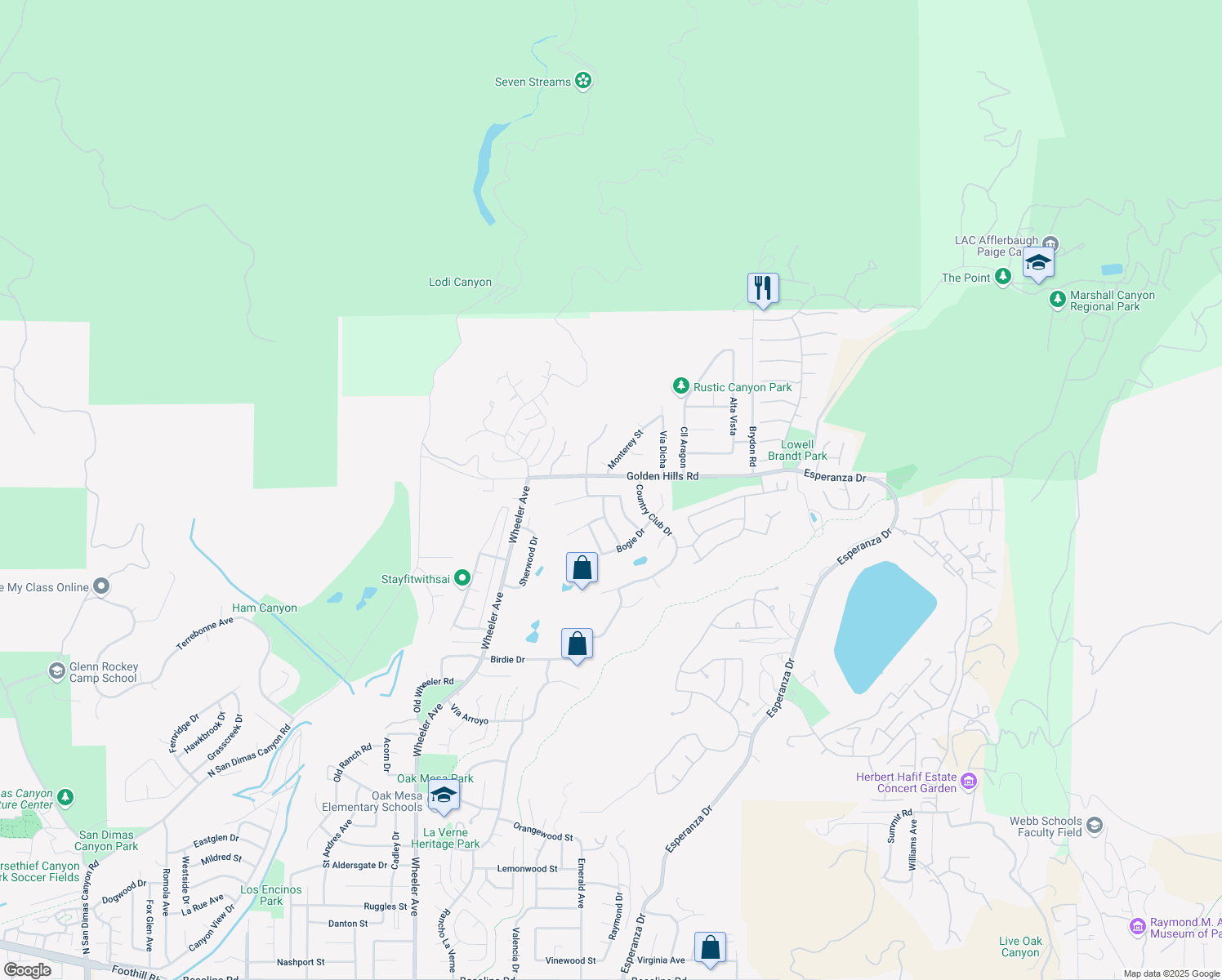 map of restaurants, bars, coffee shops, grocery stores, and more near 2041 Clear Falls Avenue in La Verne