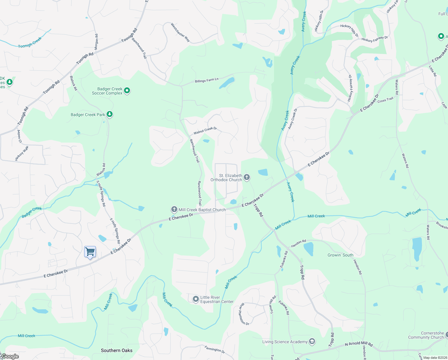 map of restaurants, bars, coffee shops, grocery stores, and more near 219 Little Brook Lane in Woodstock
