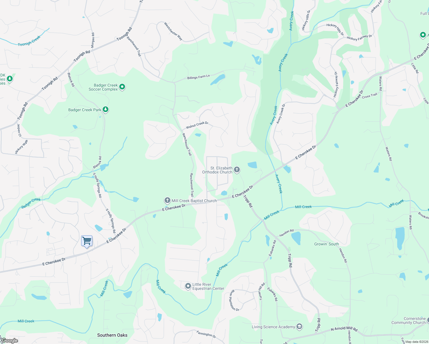 map of restaurants, bars, coffee shops, grocery stores, and more near 219 Little Brook Lane in Woodstock
