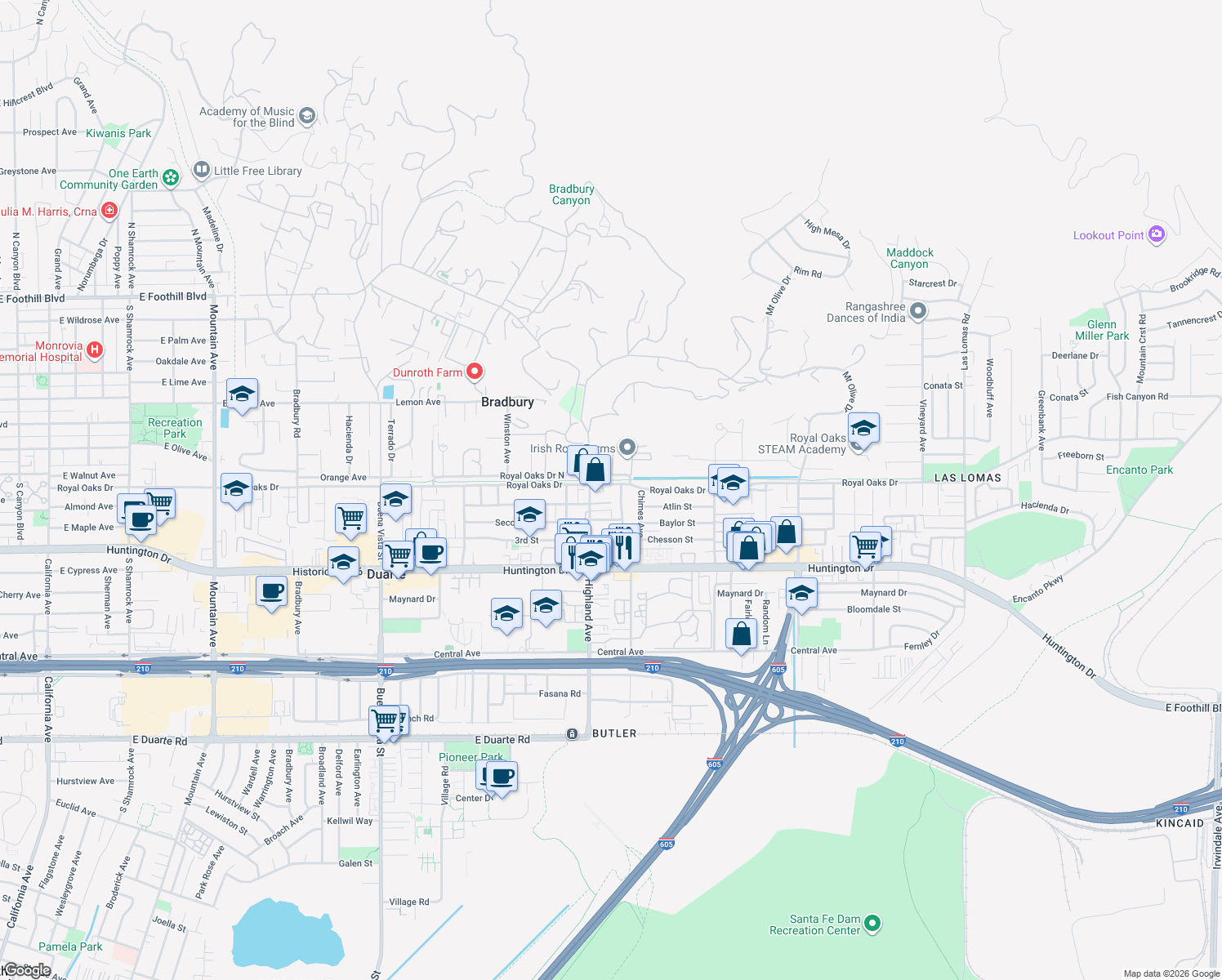 map of restaurants, bars, coffee shops, grocery stores, and more near 1828 Royal Oaks Drive in Duarte