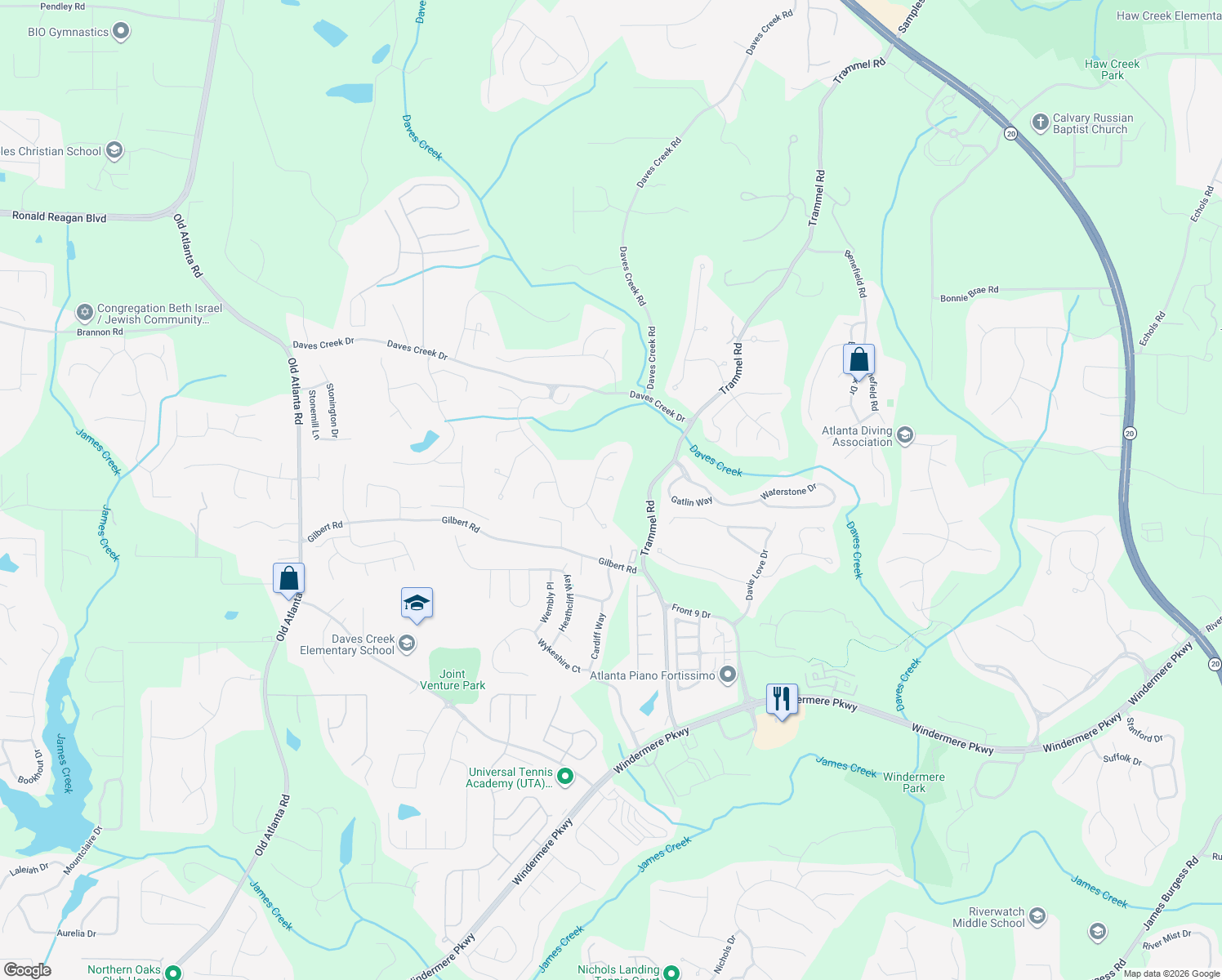 map of restaurants, bars, coffee shops, grocery stores, and more near 8910 Alysbury Way in Cumming
