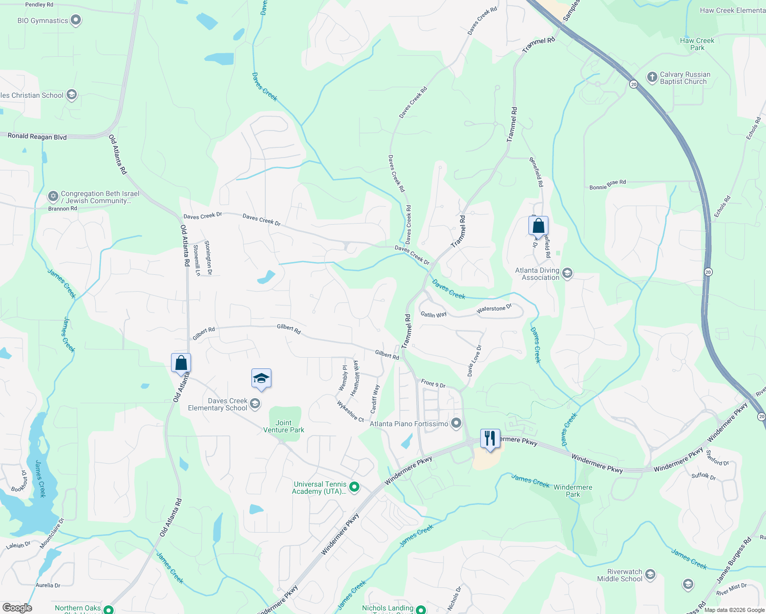 map of restaurants, bars, coffee shops, grocery stores, and more near 8910 Alysbury Way in Cumming