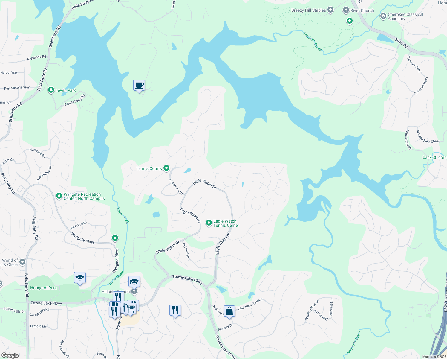 map of restaurants, bars, coffee shops, grocery stores, and more near 604 Glen Oaks Drive in Woodstock