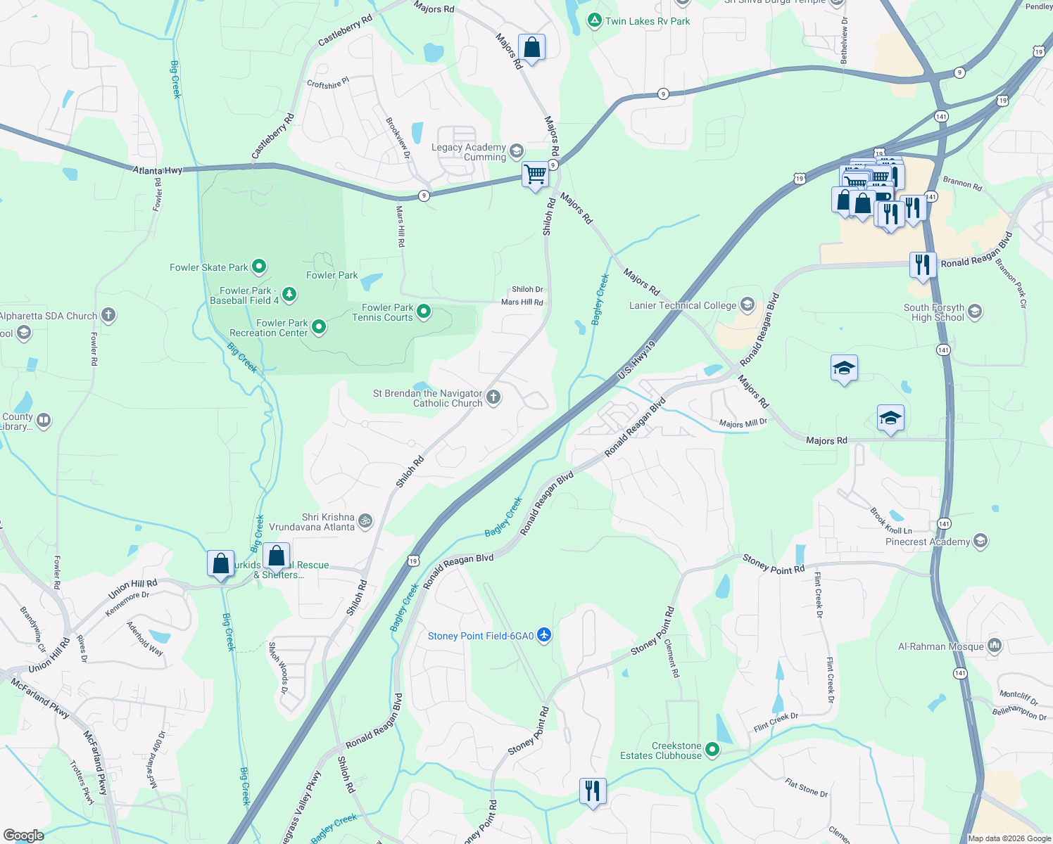 map of restaurants, bars, coffee shops, grocery stores, and more near 4815 Shiloh Creek Ct in Cumming
