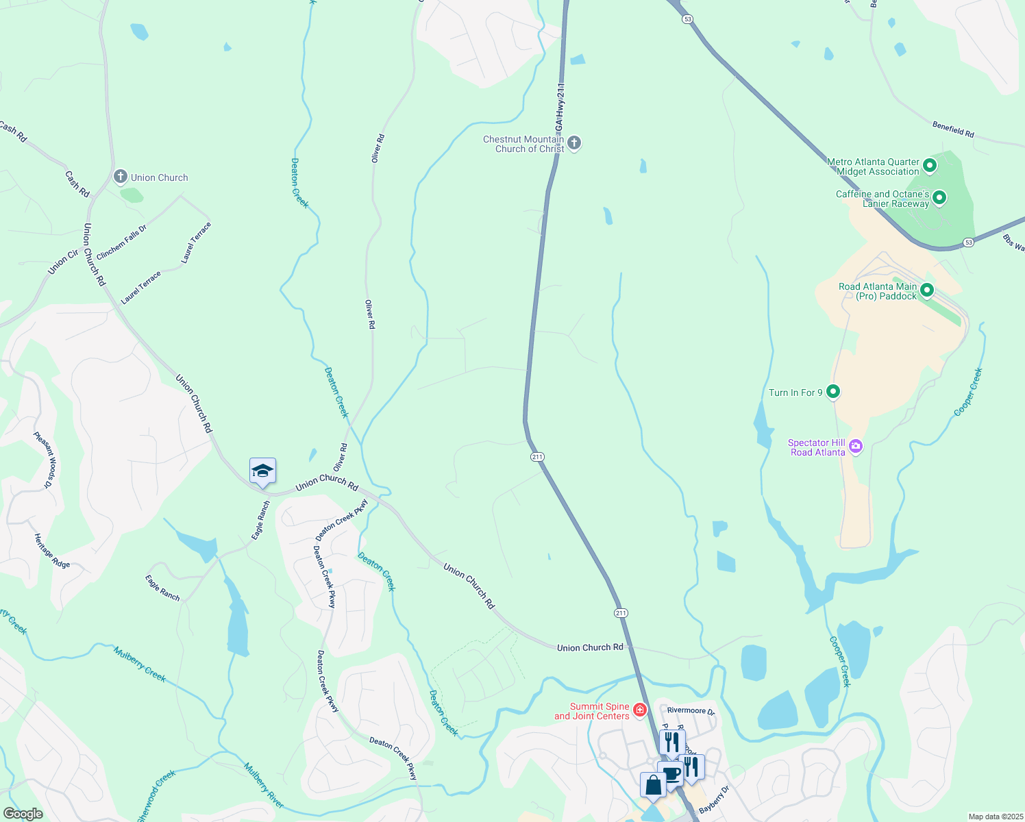 map of restaurants, bars, coffee shops, grocery stores, and more near 5368 Old Winder Highway in Braselton