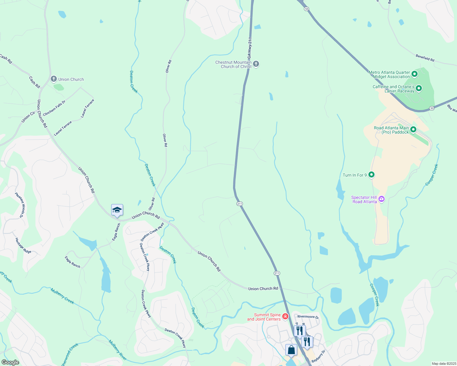 map of restaurants, bars, coffee shops, grocery stores, and more near 5368 Old Winder Highway in Braselton