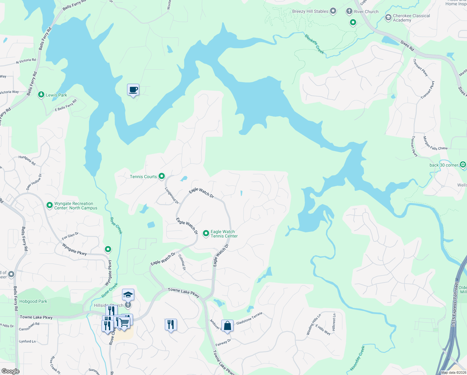 map of restaurants, bars, coffee shops, grocery stores, and more near 401 Misty Ridge Way in Woodstock
