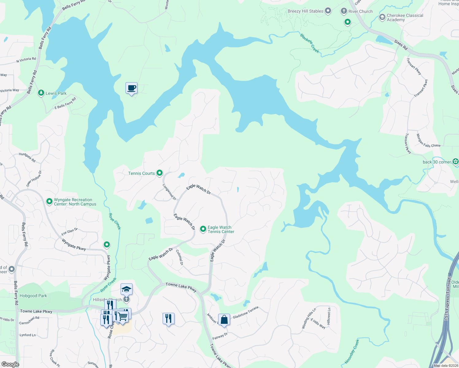 map of restaurants, bars, coffee shops, grocery stores, and more near 401 Misty Ridge Way in Woodstock