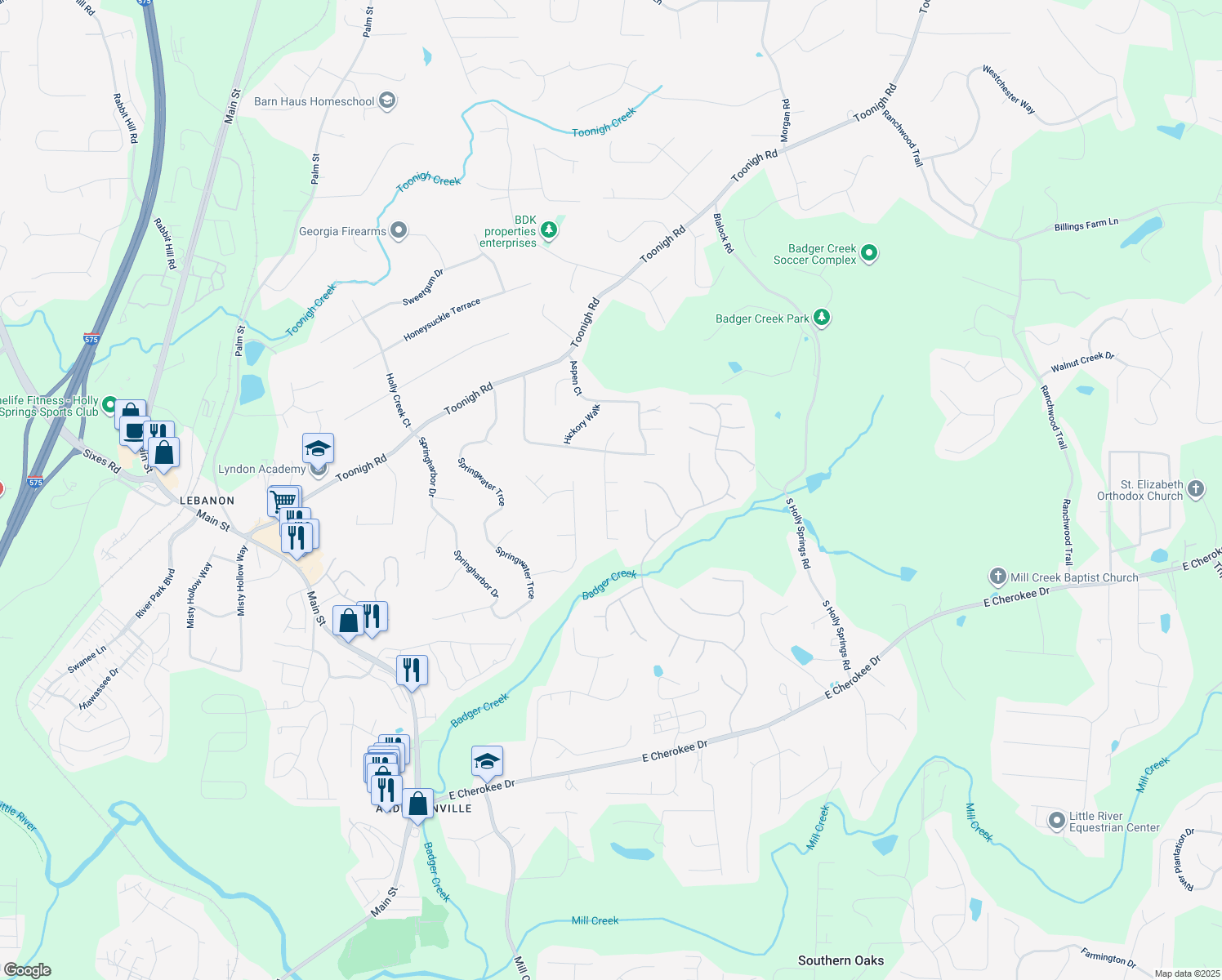 map of restaurants, bars, coffee shops, grocery stores, and more near 602 Autumn Cove in Woodstock