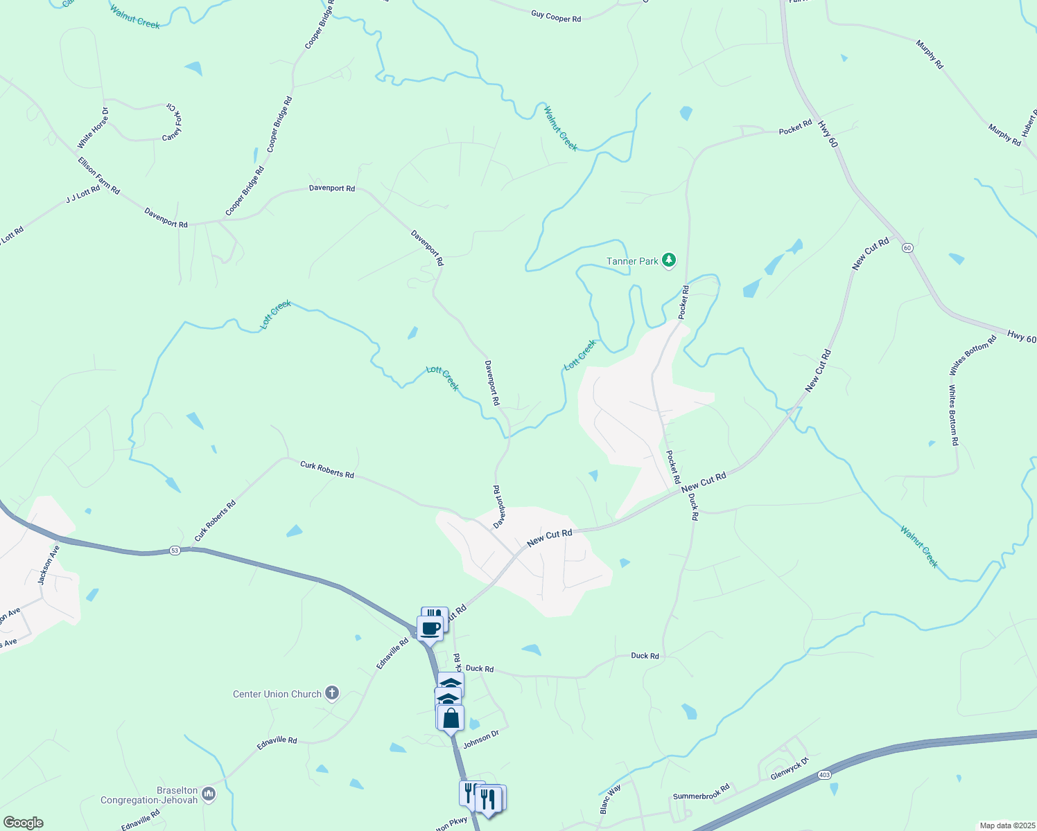 map of restaurants, bars, coffee shops, grocery stores, and more near 420 Davenport Road in Braselton