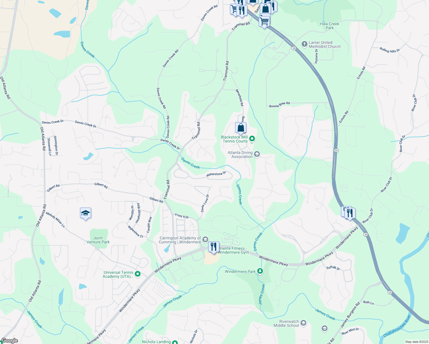 map of restaurants, bars, coffee shops, grocery stores, and more near 2875 Waterstone Drive in Cumming