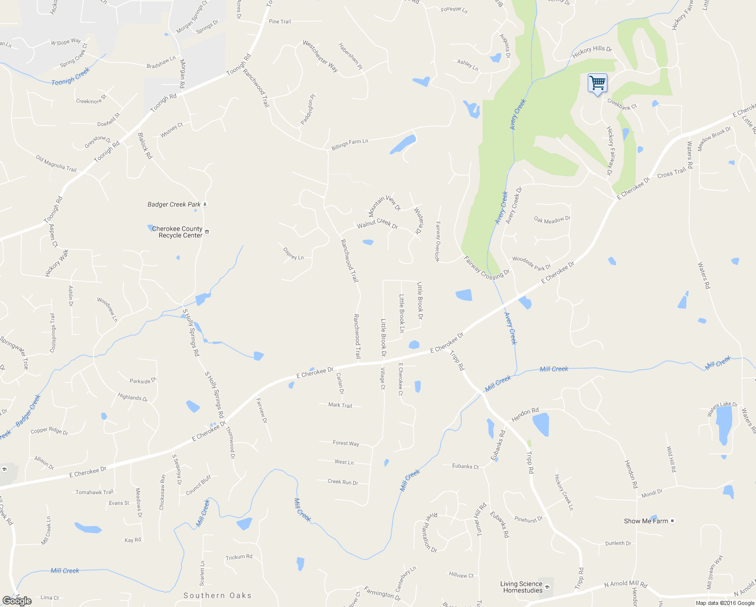 map of restaurants, bars, coffee shops, grocery stores, and more near 129 Little Brook Drive in Woodstock