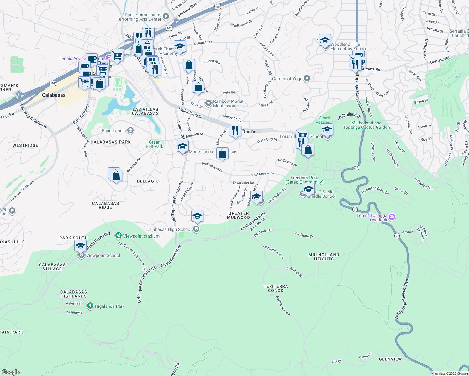 map of restaurants, bars, coffee shops, grocery stores, and more near 22715 America Way in Calabasas