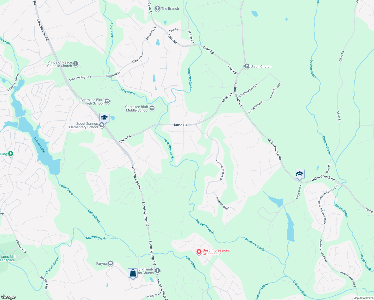 map of restaurants, bars, coffee shops, grocery stores, and more near 5439 Hunnington Mill Dr in Flowery Branch
