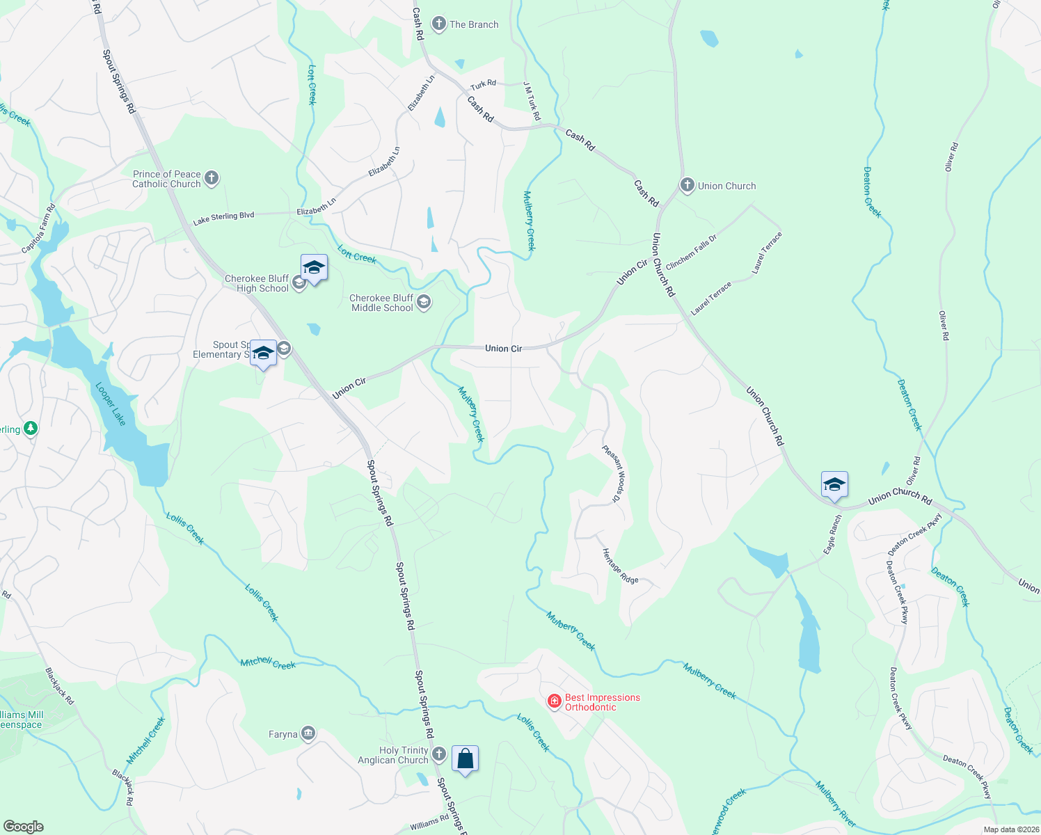 map of restaurants, bars, coffee shops, grocery stores, and more near 5439 Hunnington Mill Drive in Flowery Branch
