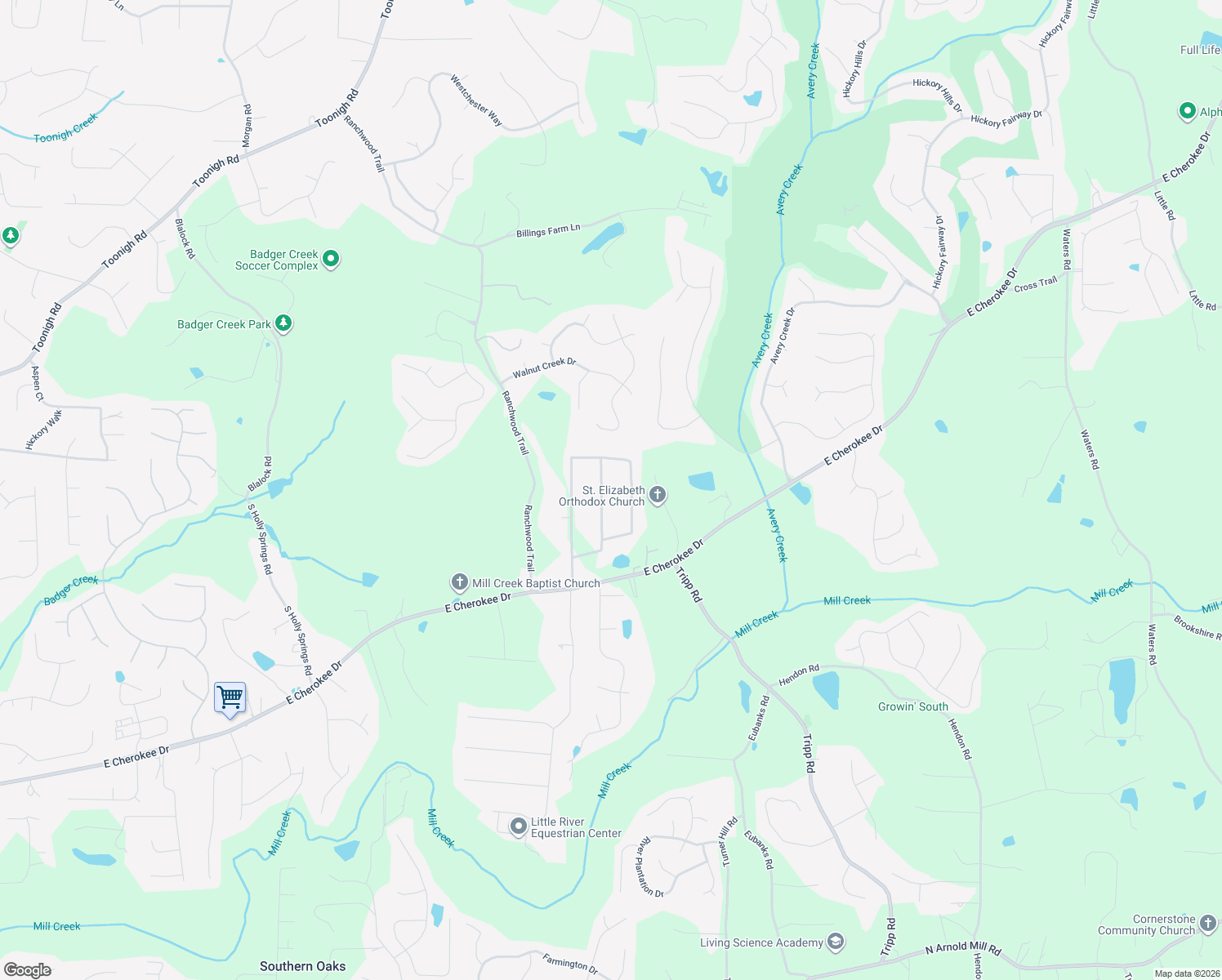 map of restaurants, bars, coffee shops, grocery stores, and more near 218 Little Brook Lane in Woodstock