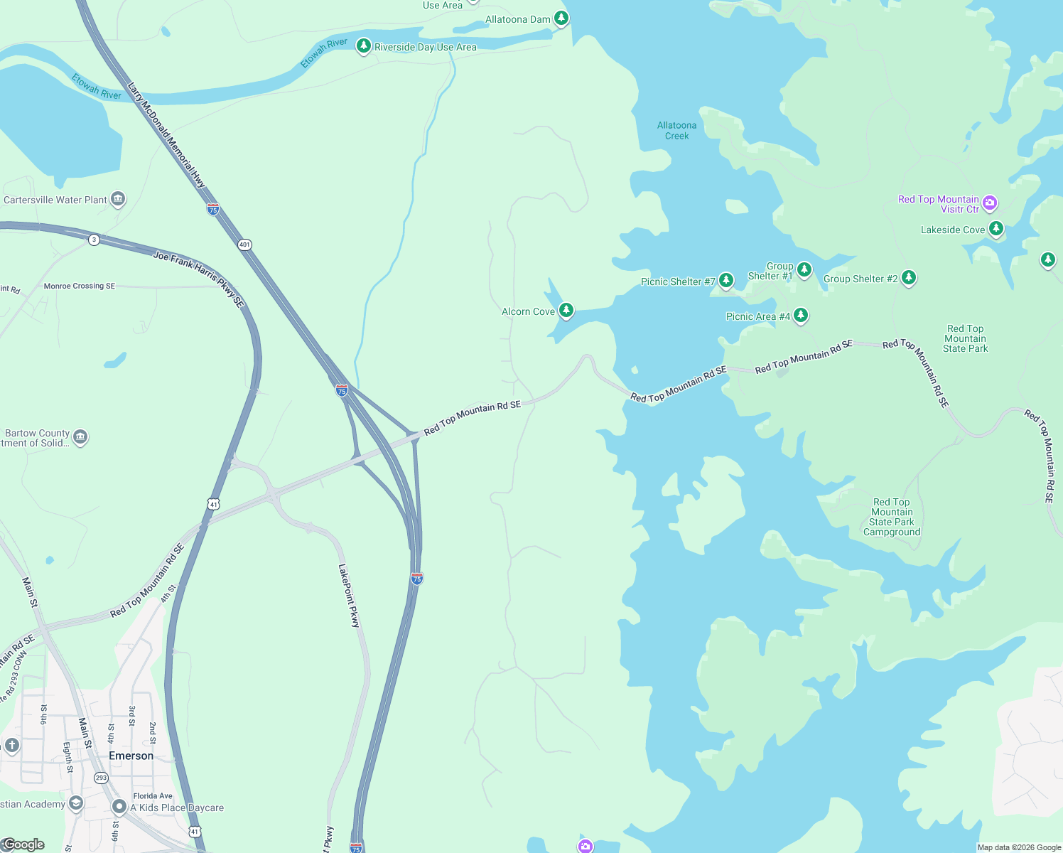 map of restaurants, bars, coffee shops, grocery stores, and more near 11 Waterside Drive Southeast in Cartersville