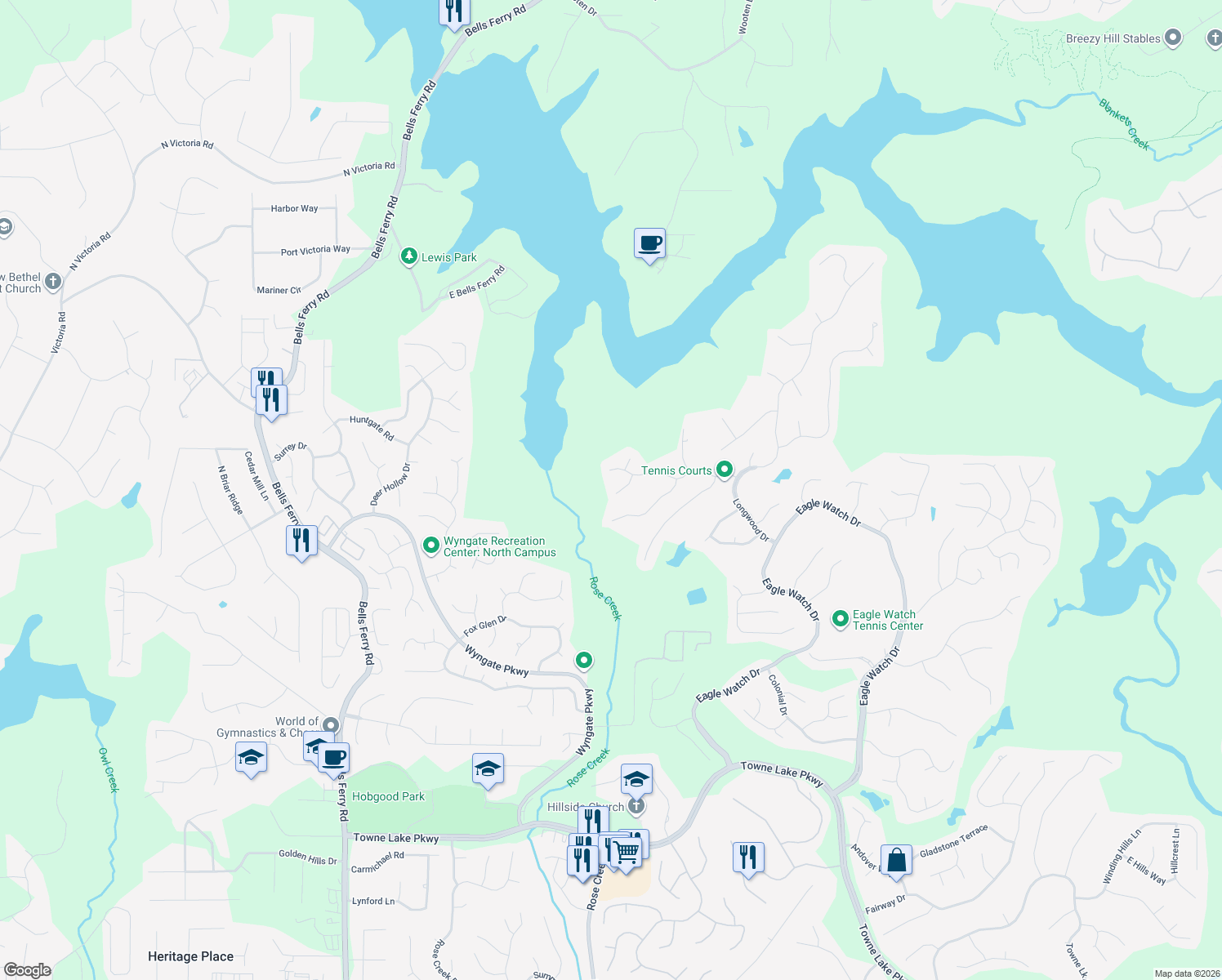 map of restaurants, bars, coffee shops, grocery stores, and more near 1608 Amberwood Court in Woodstock