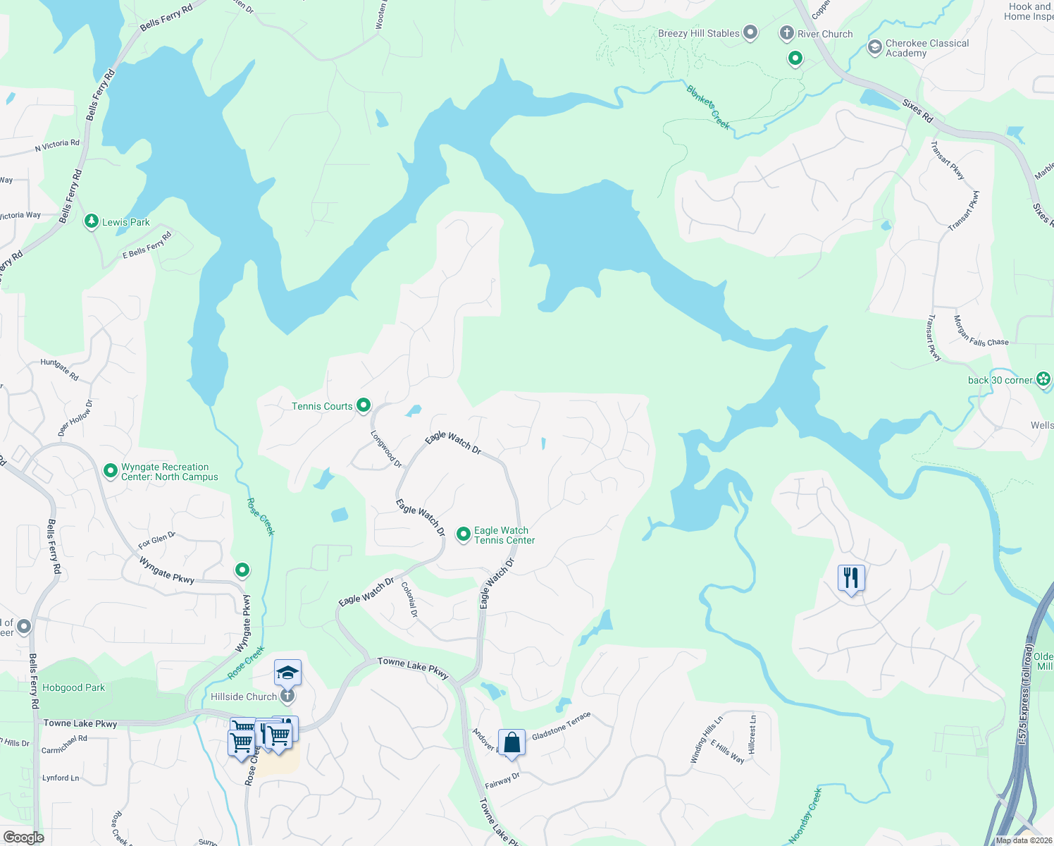 map of restaurants, bars, coffee shops, grocery stores, and more near 717 Whisper Wind Court in Woodstock
