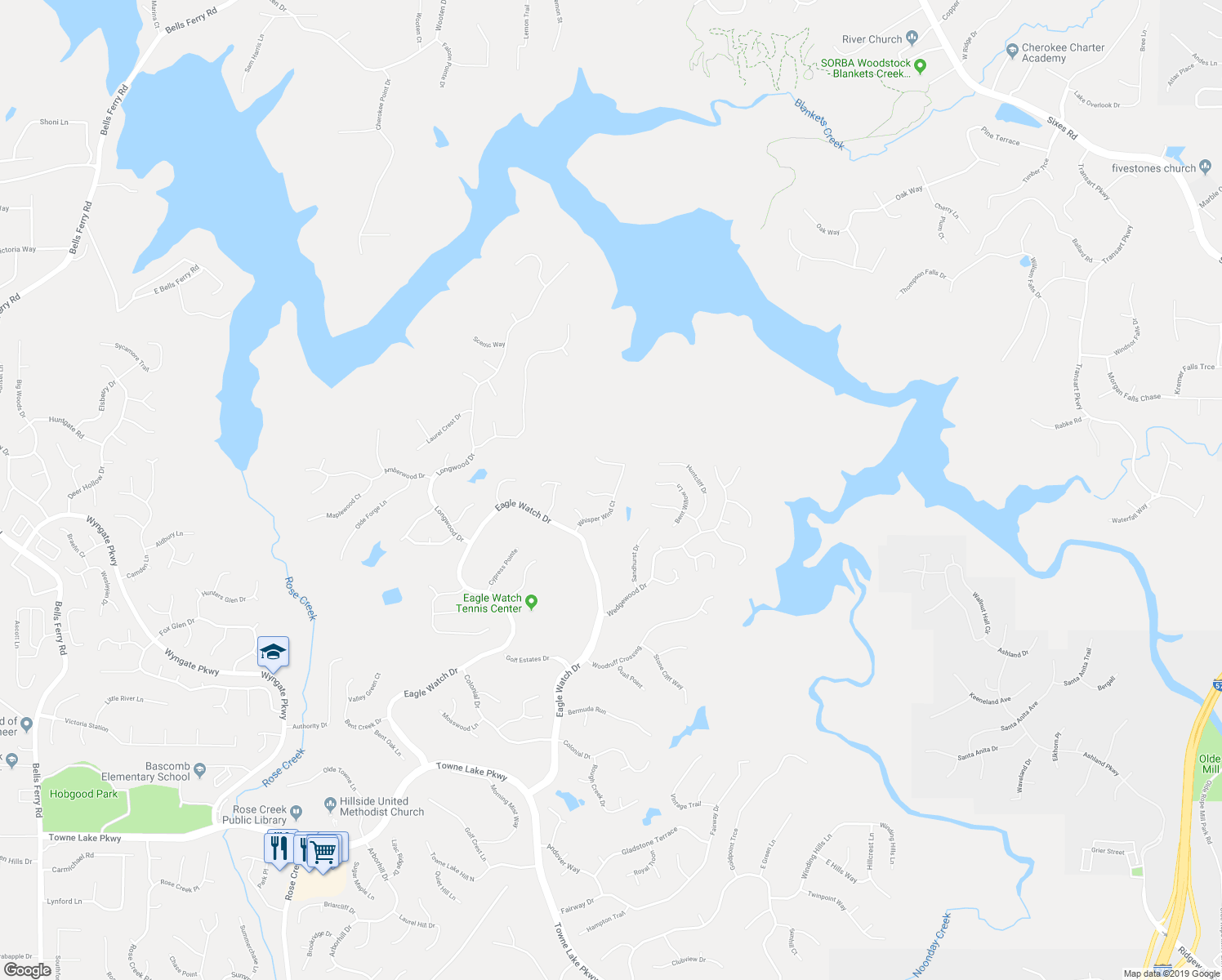 map of restaurants, bars, coffee shops, grocery stores, and more near 717 Whisper Wind Court in Woodstock