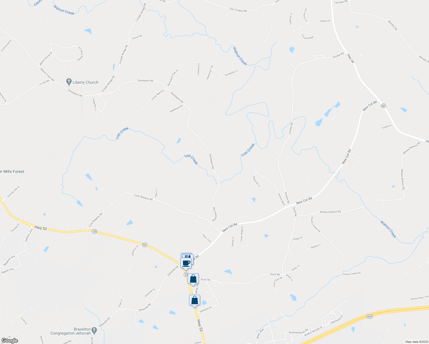 map of restaurants, bars, coffee shops, grocery stores, and more near 420 Davenport Road in Braselton