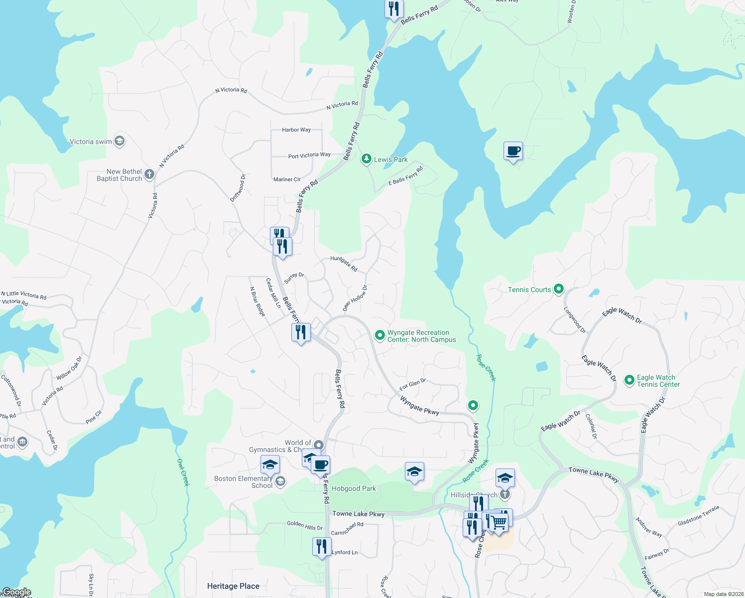 map of restaurants, bars, coffee shops, grocery stores, and more near 1036 Camden Lane in Woodstock