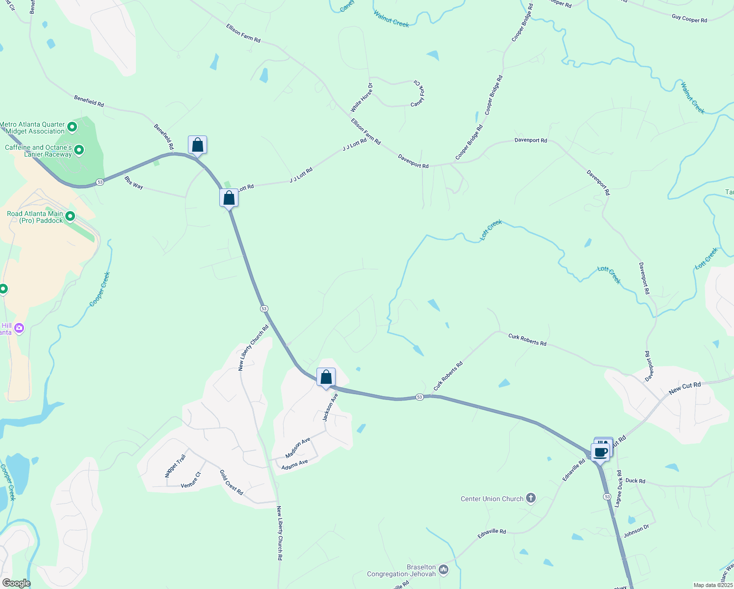 map of restaurants, bars, coffee shops, grocery stores, and more near 515 Hellen Valley Drive in Braselton