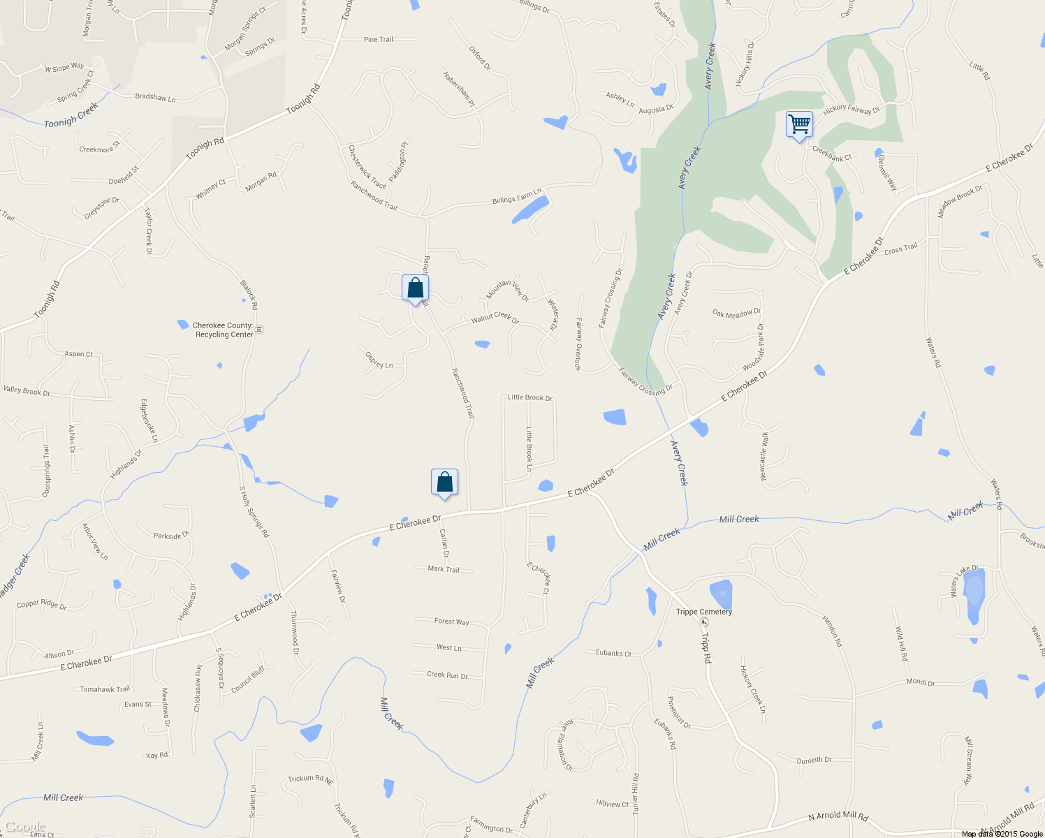 map of restaurants, bars, coffee shops, grocery stores, and more near 227 Little Brook Lane in Woodstock