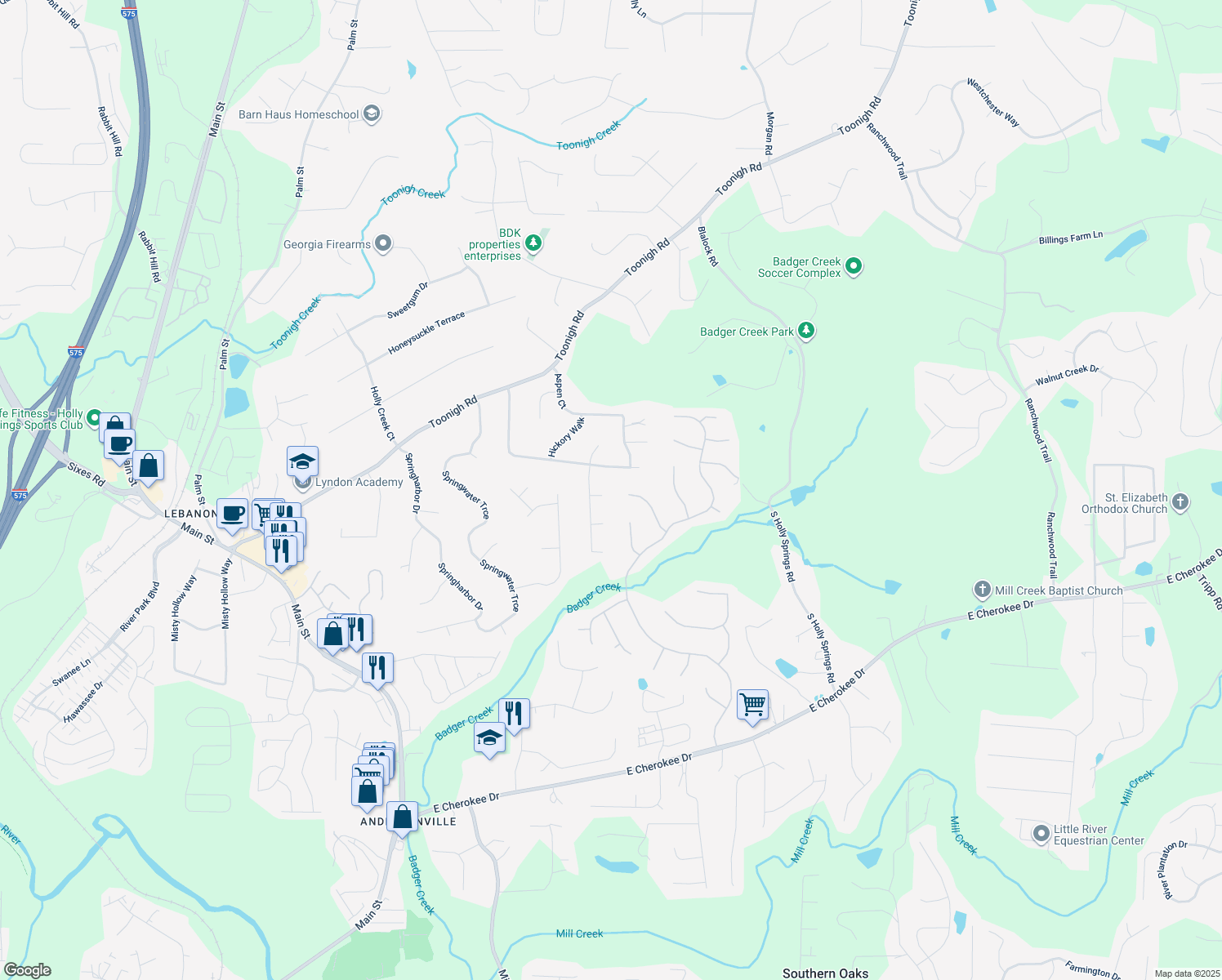 map of restaurants, bars, coffee shops, grocery stores, and more near 1100 Ashlin Drive in Woodstock