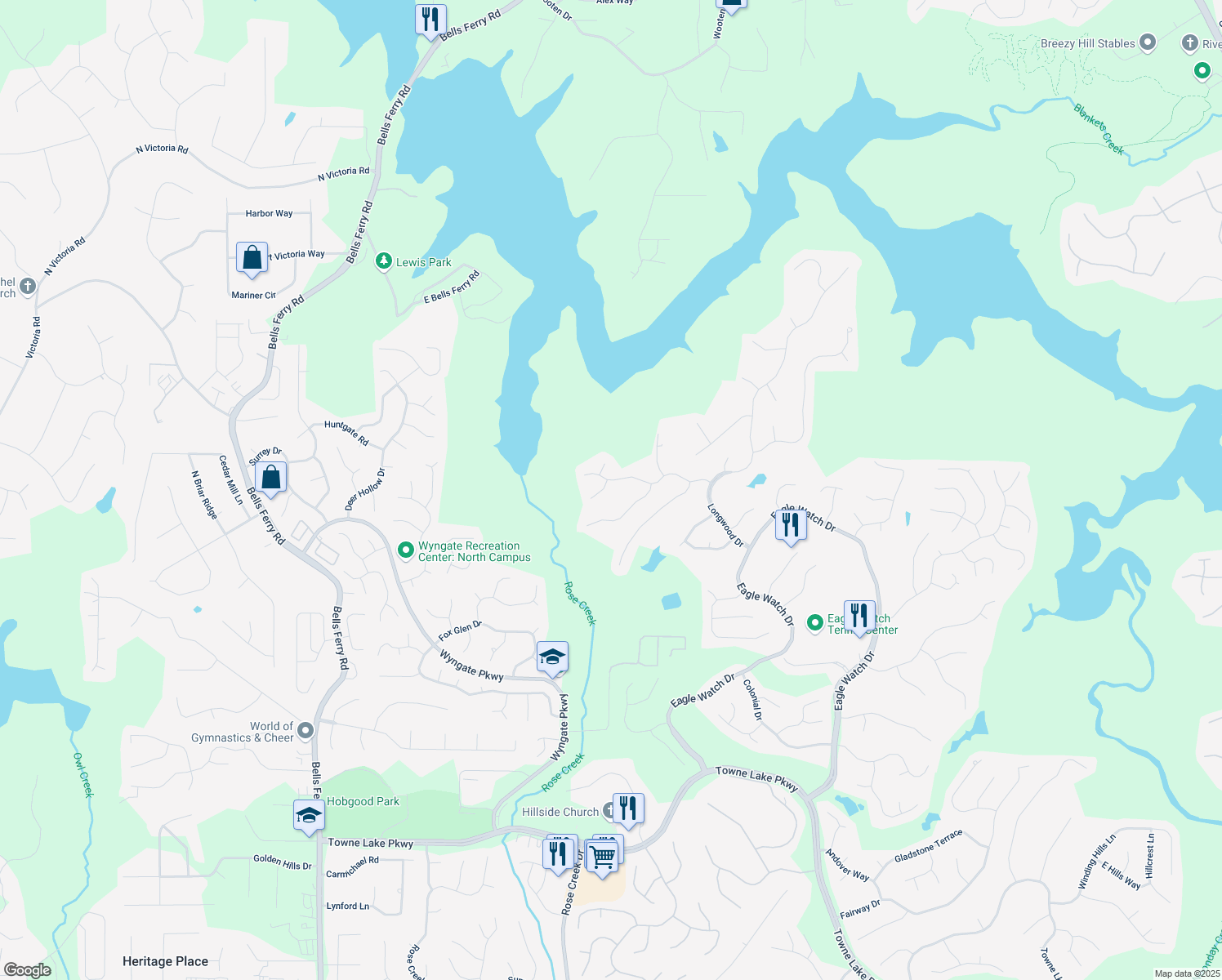 map of restaurants, bars, coffee shops, grocery stores, and more near 1326 Amberwood Drive in Woodstock