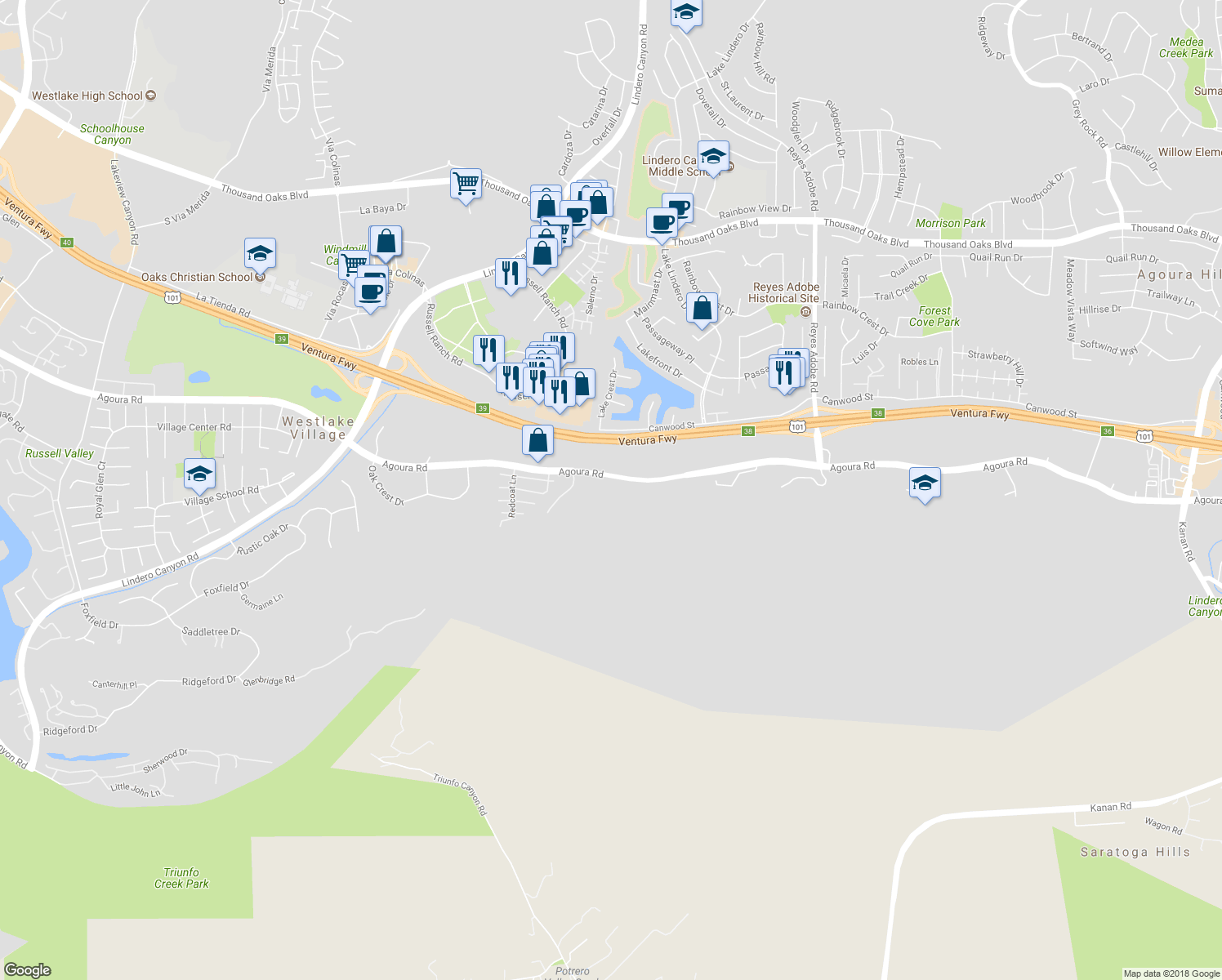 map of restaurants, bars, coffee shops, grocery stores, and more near 30800 Agoura Road in Agoura Hills