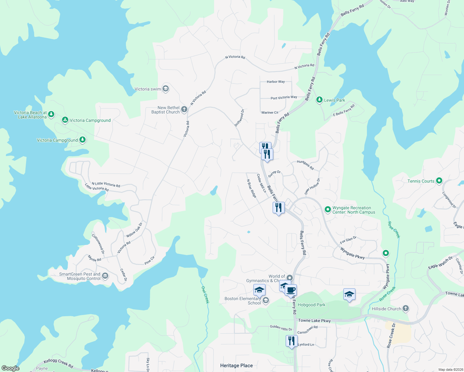 map of restaurants, bars, coffee shops, grocery stores, and more near 239 Cedar Mill Lane in Woodstock