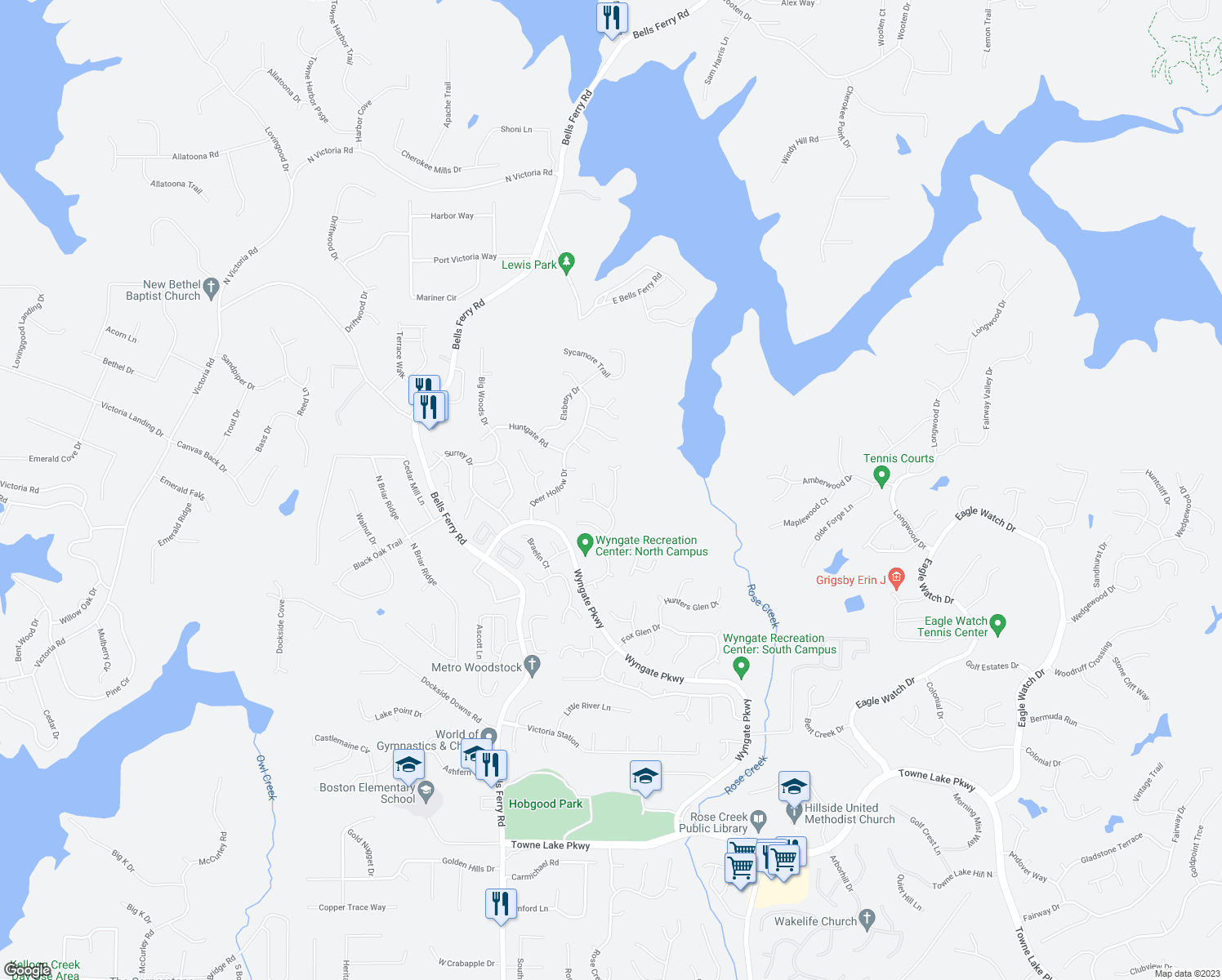 map of restaurants, bars, coffee shops, grocery stores, and more near 1017 Chatsworth Lane in Woodstock