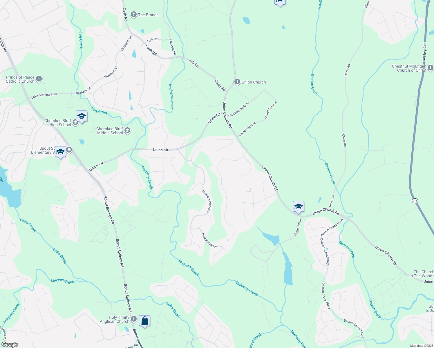 map of restaurants, bars, coffee shops, grocery stores, and more near 5390 Amber Cove Way in Flowery Branch