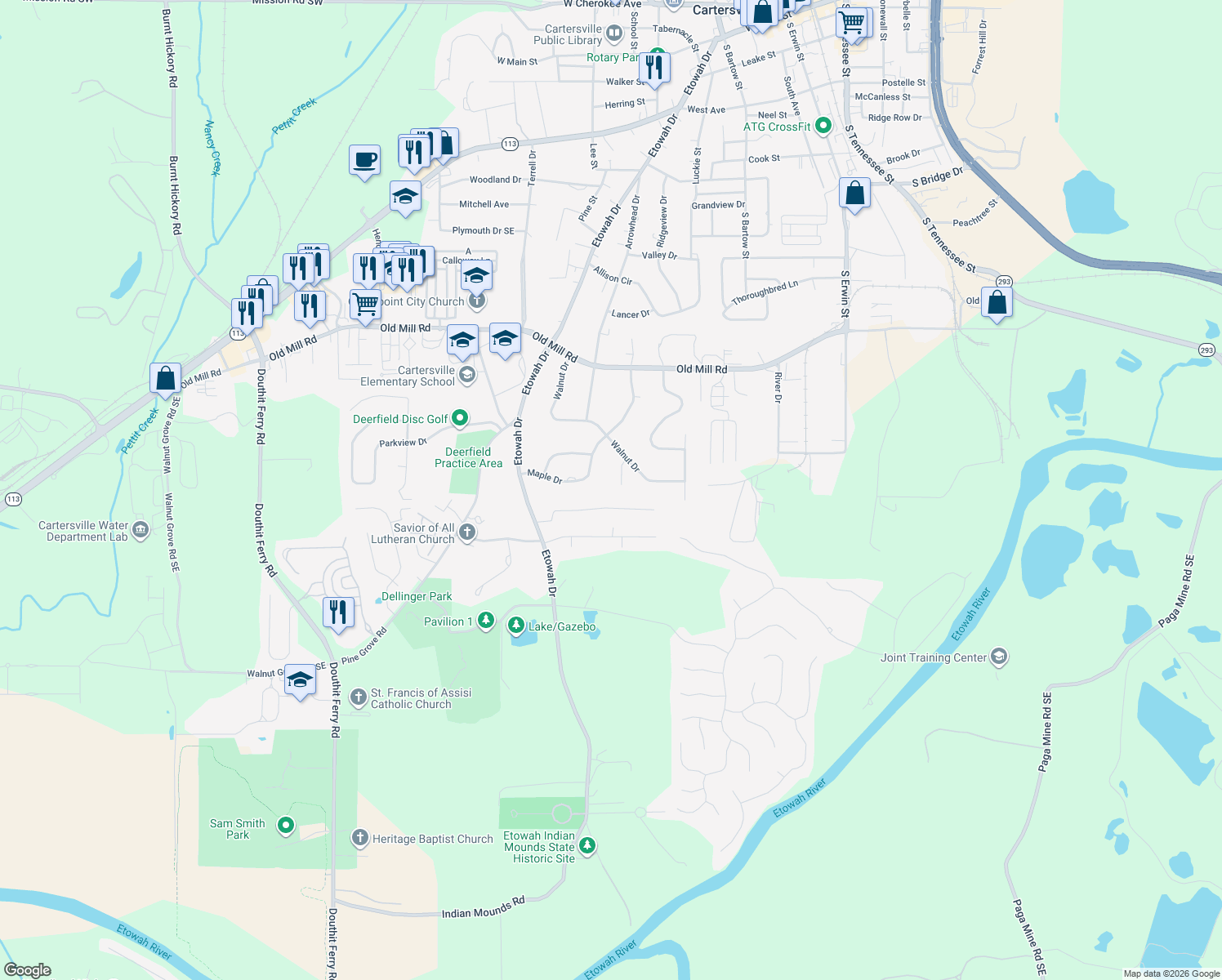 map of restaurants, bars, coffee shops, grocery stores, and more near 8 Red Oak Dr in Cartersville