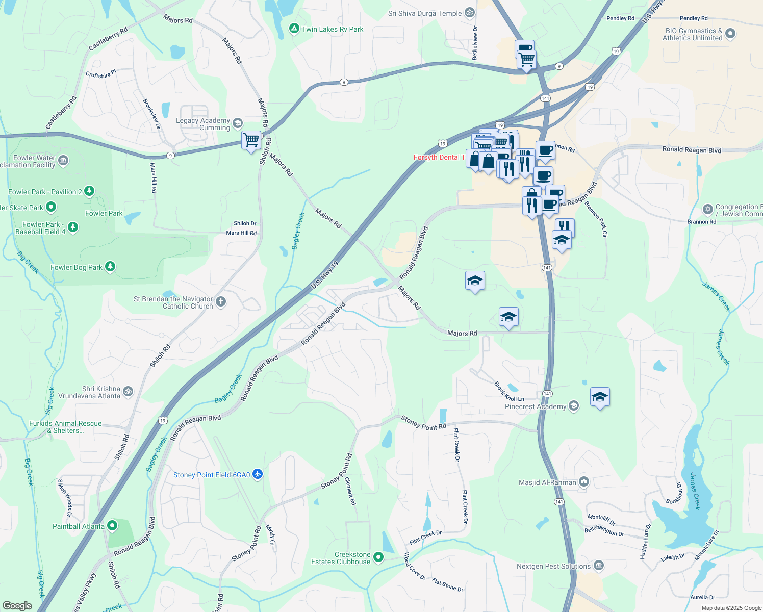 map of restaurants, bars, coffee shops, grocery stores, and more near 8360 Village School Drive in Cumming