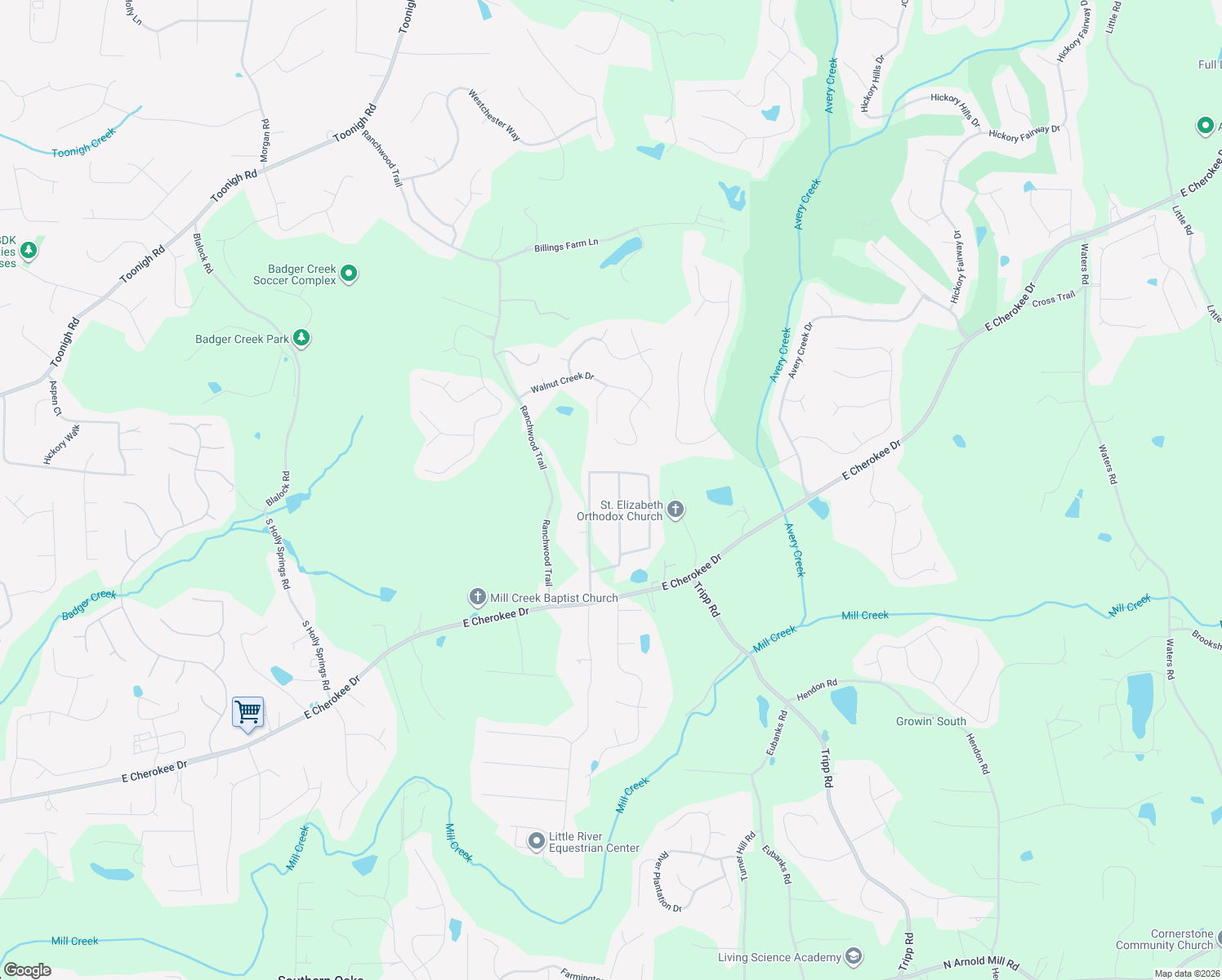 map of restaurants, bars, coffee shops, grocery stores, and more near 227 Little Brook Lane in Woodstock