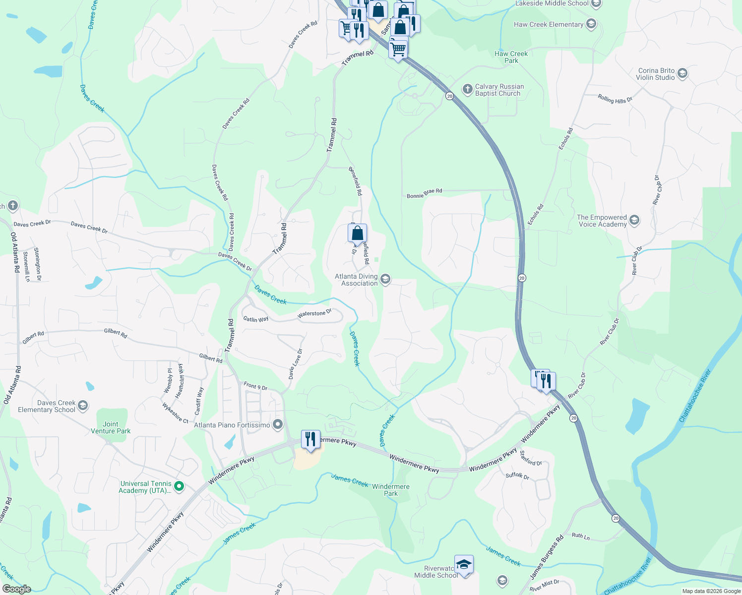 map of restaurants, bars, coffee shops, grocery stores, and more near 2975 Blackstock Dr in Cumming