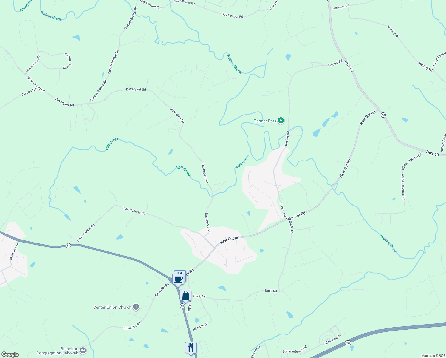 map of restaurants, bars, coffee shops, grocery stores, and more near 500 Davenport Road in Braselton