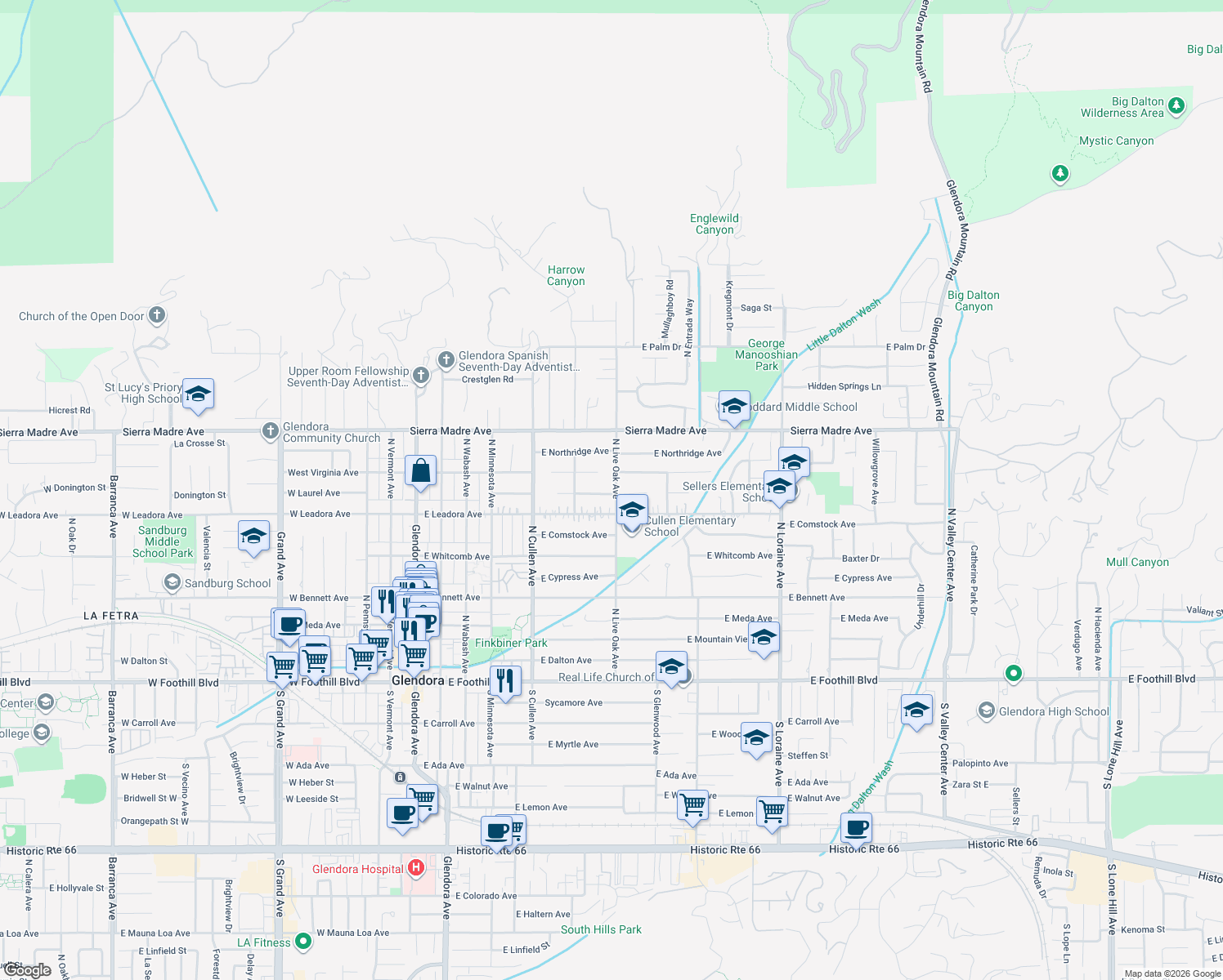 map of restaurants, bars, coffee shops, grocery stores, and more near 659 East Laurel Avenue in Glendora