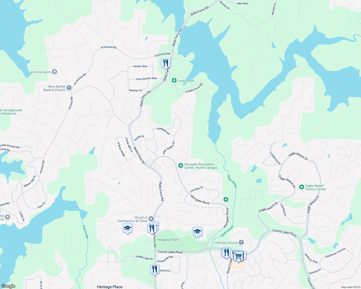 map of restaurants, bars, coffee shops, grocery stores, and more near 8005 Ashwell Court in Woodstock
