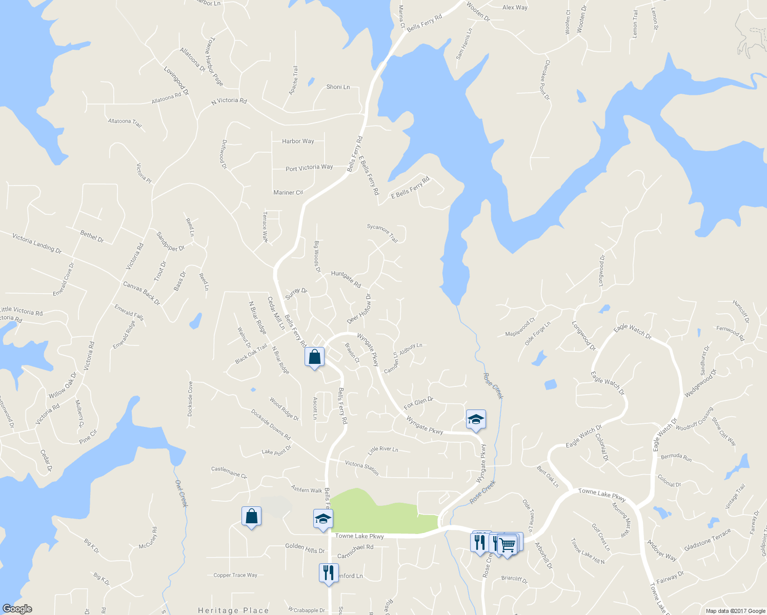 map of restaurants, bars, coffee shops, grocery stores, and more near 8005 Ashwell Court in Woodstock