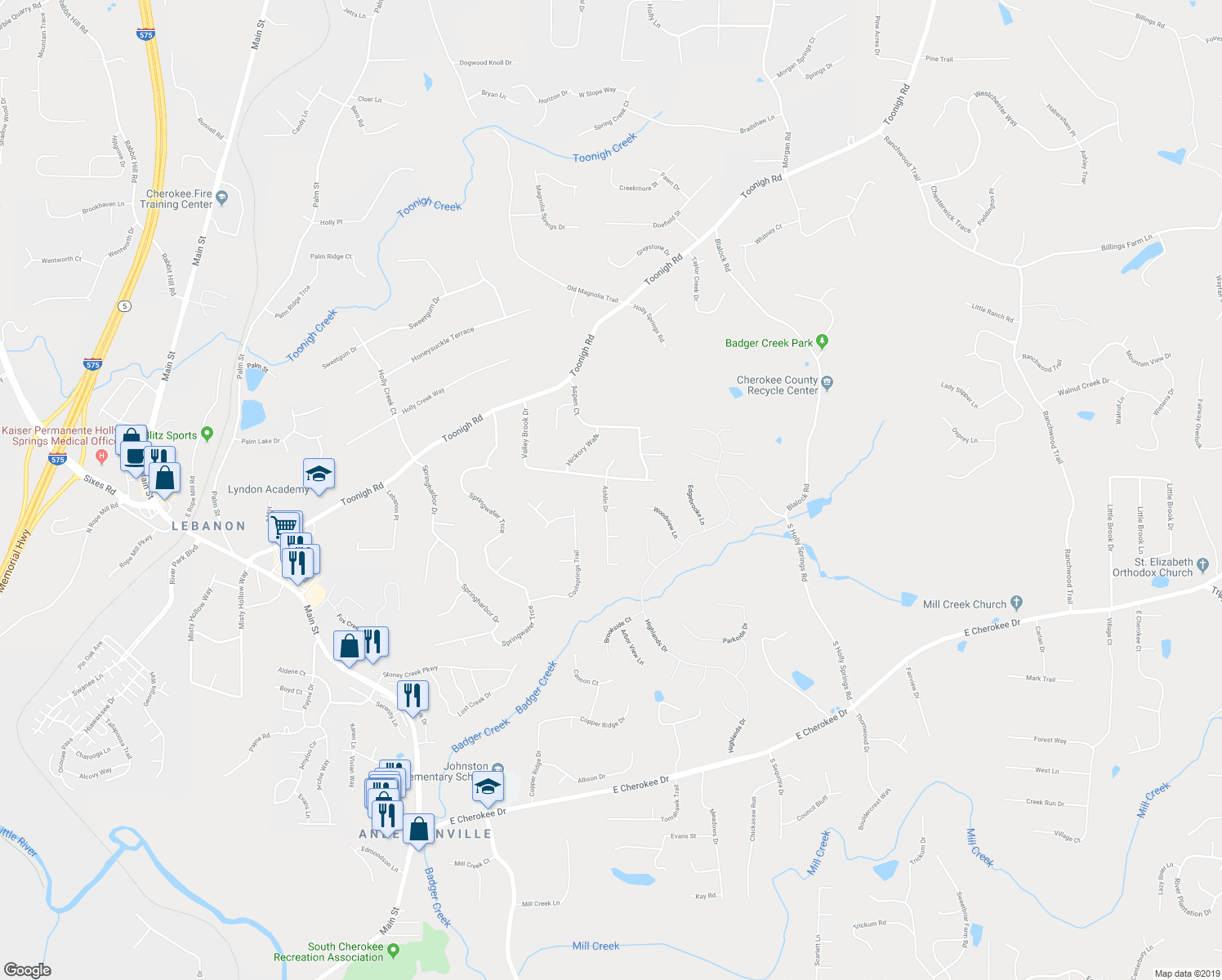 map of restaurants, bars, coffee shops, grocery stores, and more near 1100 Ashlin Drive in Woodstock